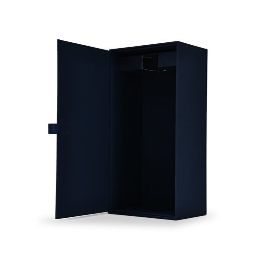 Open navy blue wholesale wine gift packaging from an angled perspective highlighting the deep interior compartment for premium bottles.