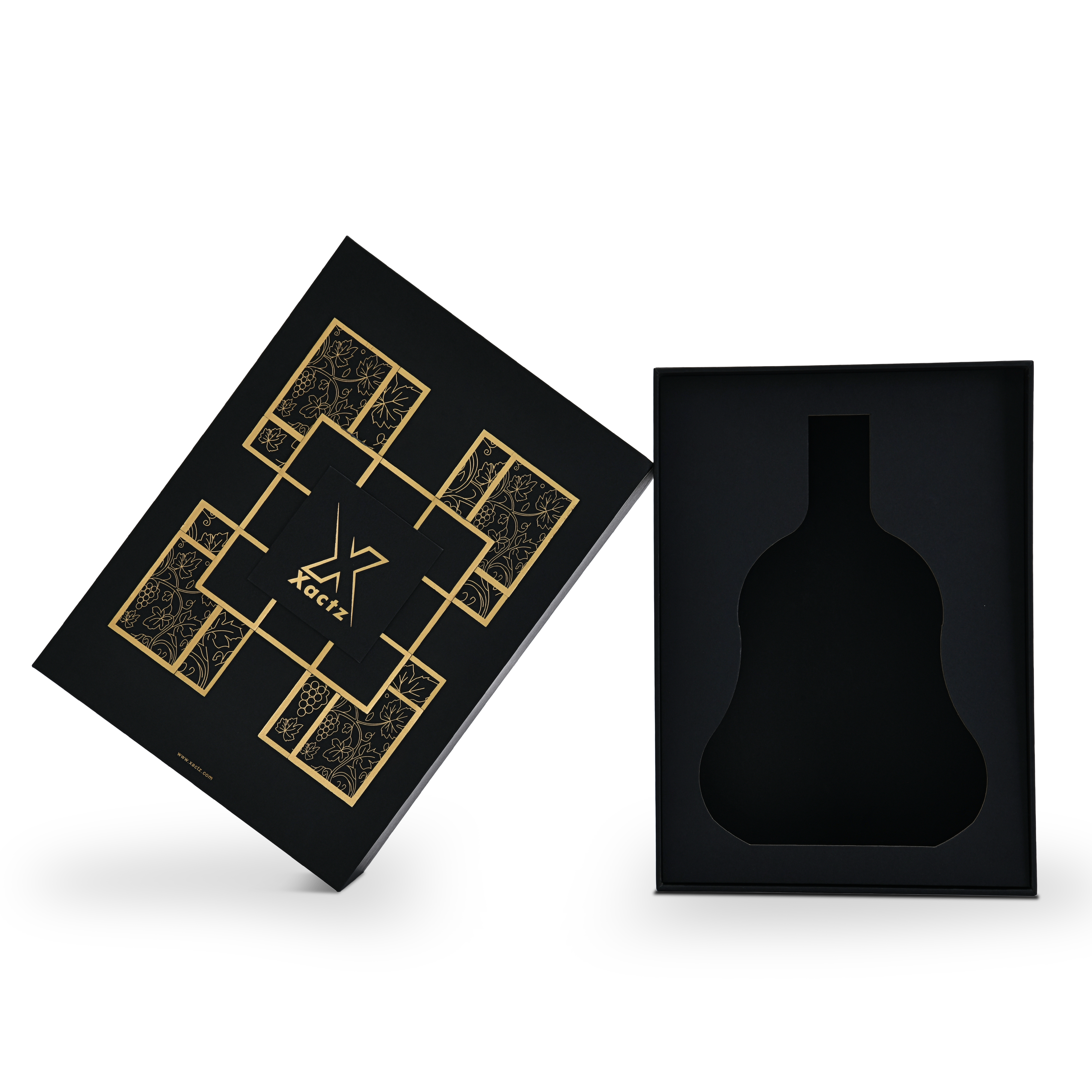 Premium black rigid wine gift box with lid tilted open at angle revealing custom wine bottle shaped die-cut insert in matte black interior