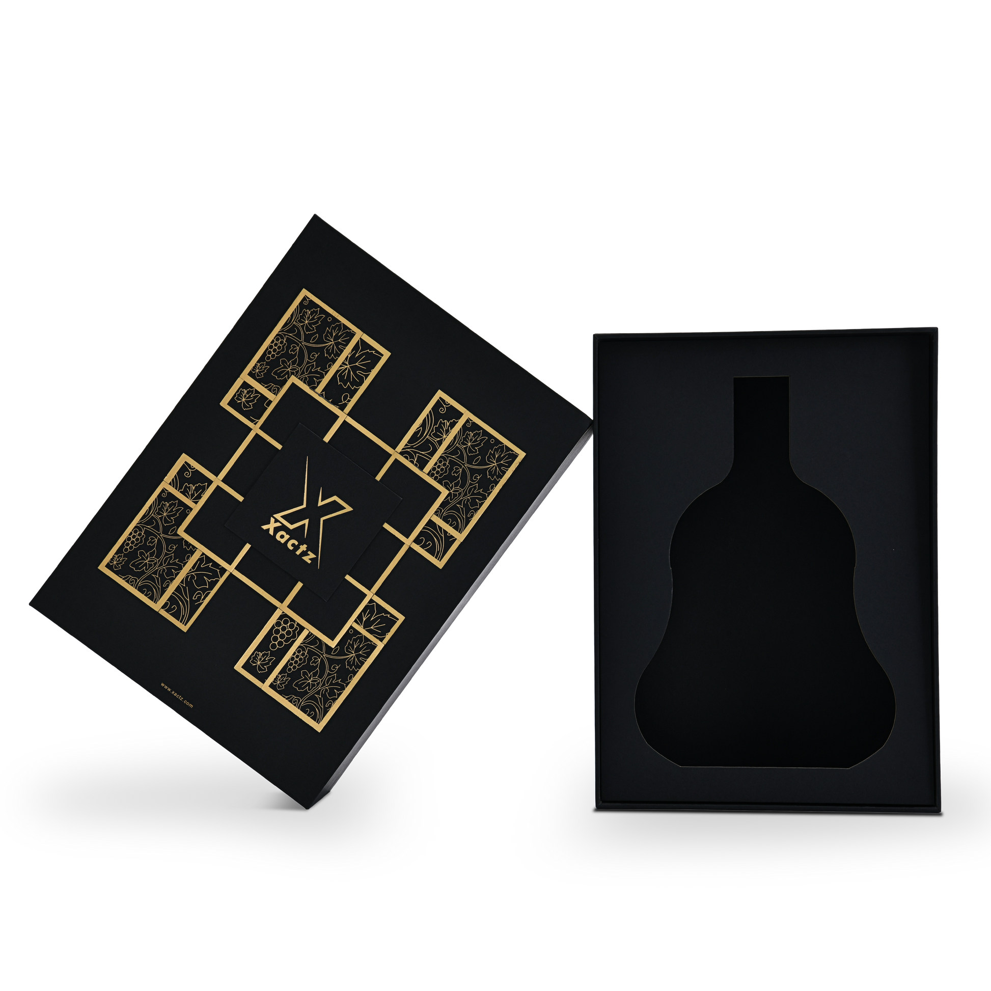 Premium black rigid wine gift box with lid tilted open at angle revealing custom wine bottle shaped die-cut insert in matte black interior