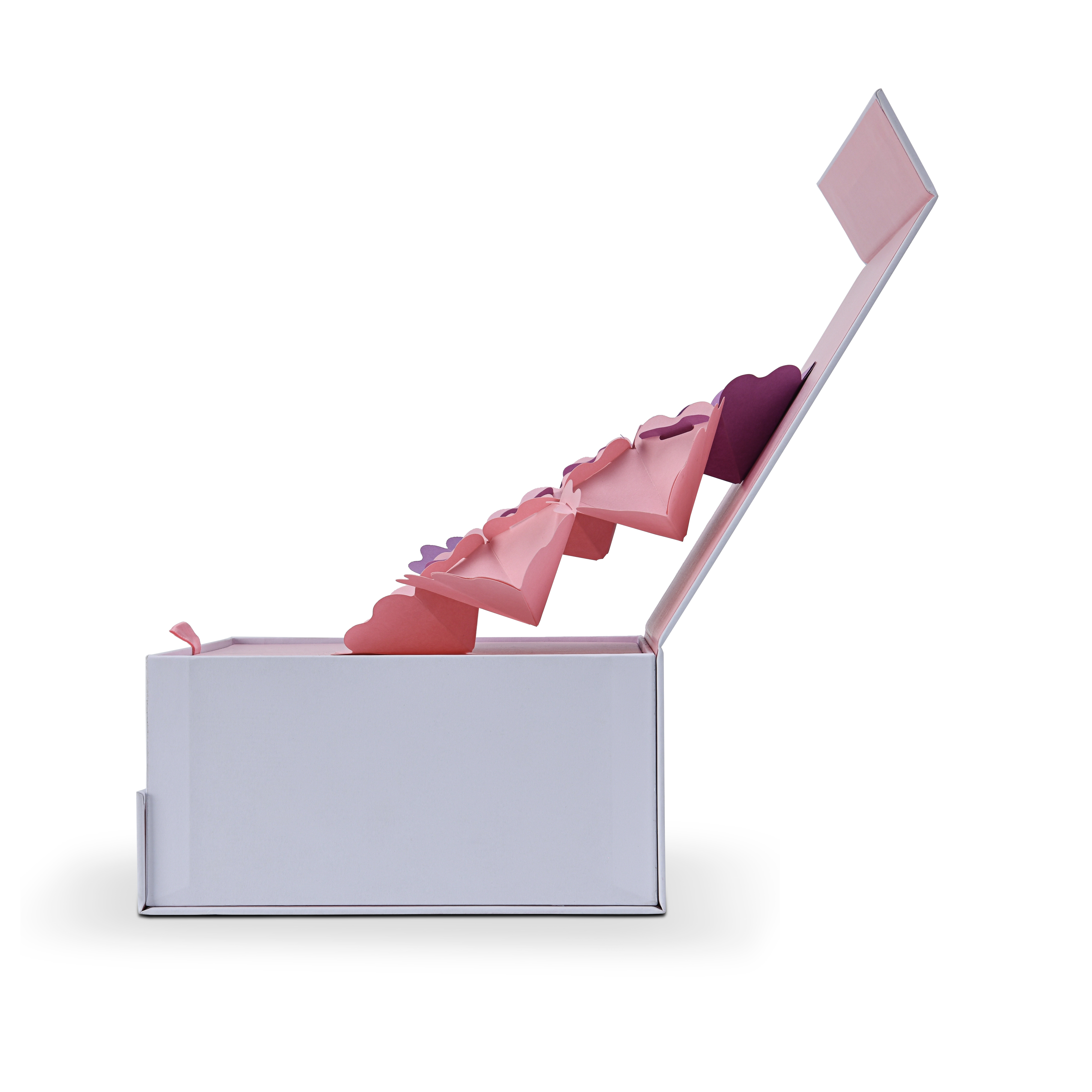 Side angle view of the opened white and pink custom cosmetic box with the multi-layered 3D paper flower art fully extended.