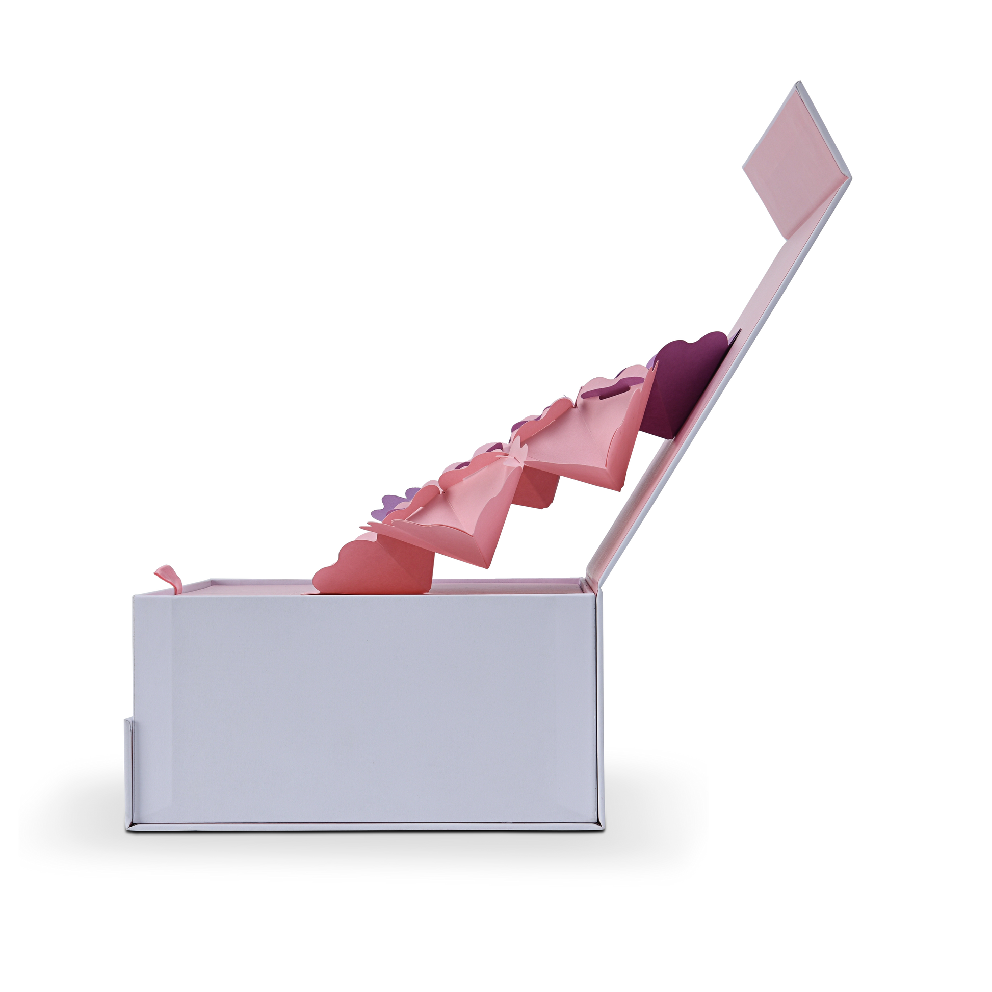 Side angle view of the opened white and pink custom cosmetic box with the multi-layered 3D paper flower art fully extended.