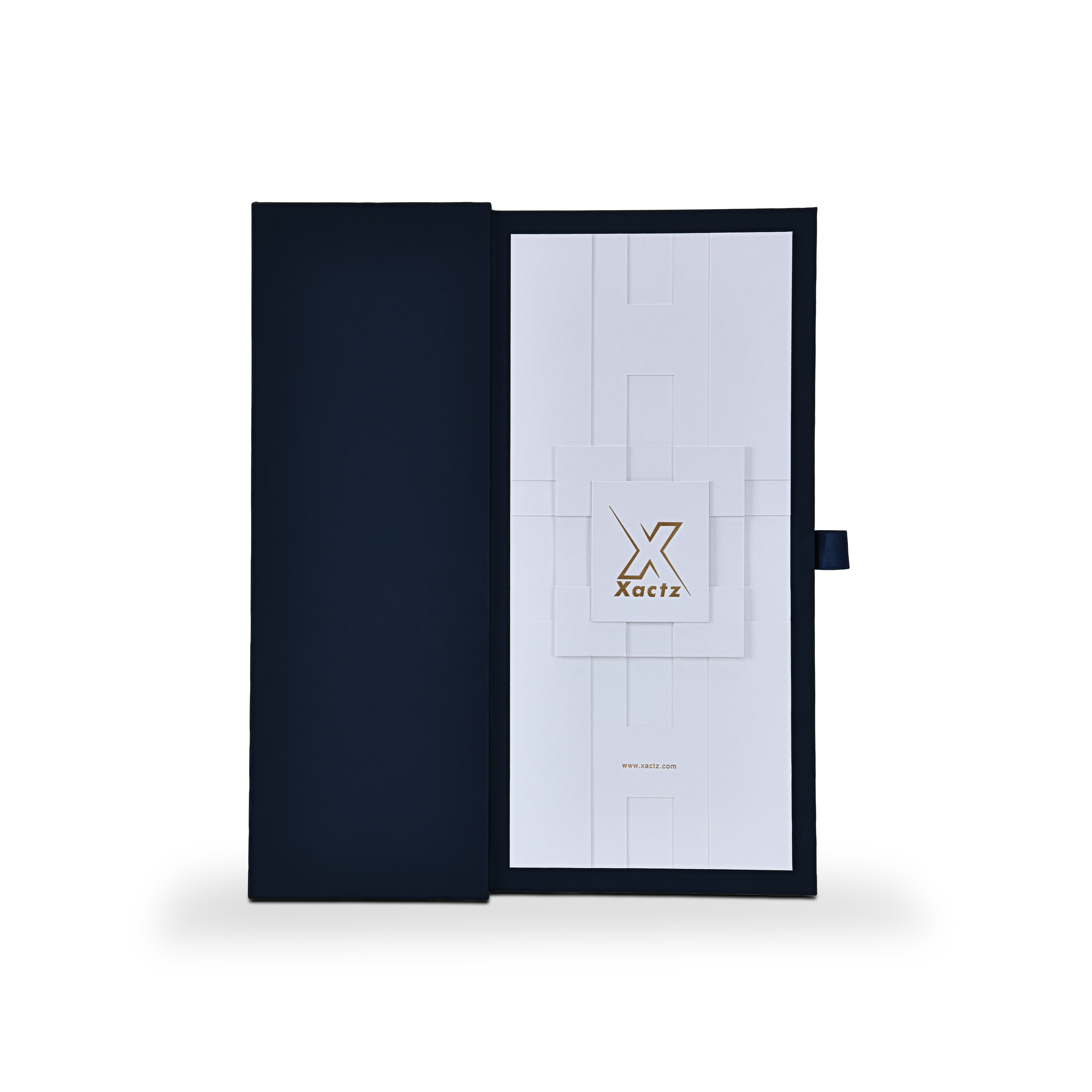 Flat-lay view of an open custom magnetic rigid box revealing the contrasting navy blue interior lid panel next to the white geometric outer faceplate.