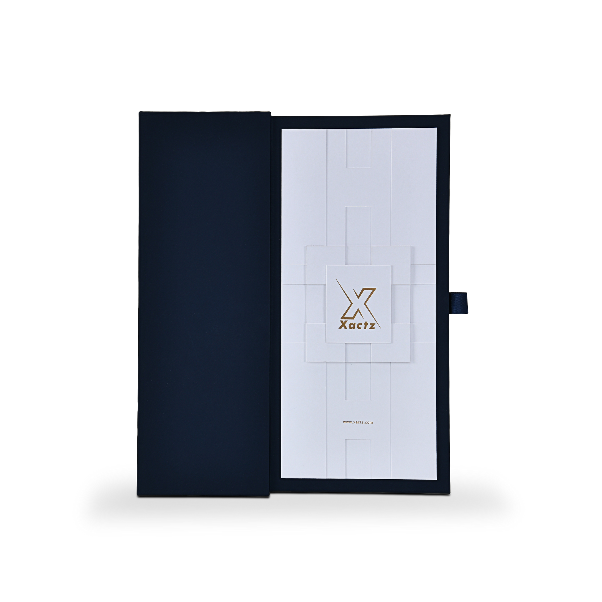 Flat-lay view of an open custom magnetic rigid box revealing the contrasting navy blue interior lid panel next to the white geometric outer faceplate.