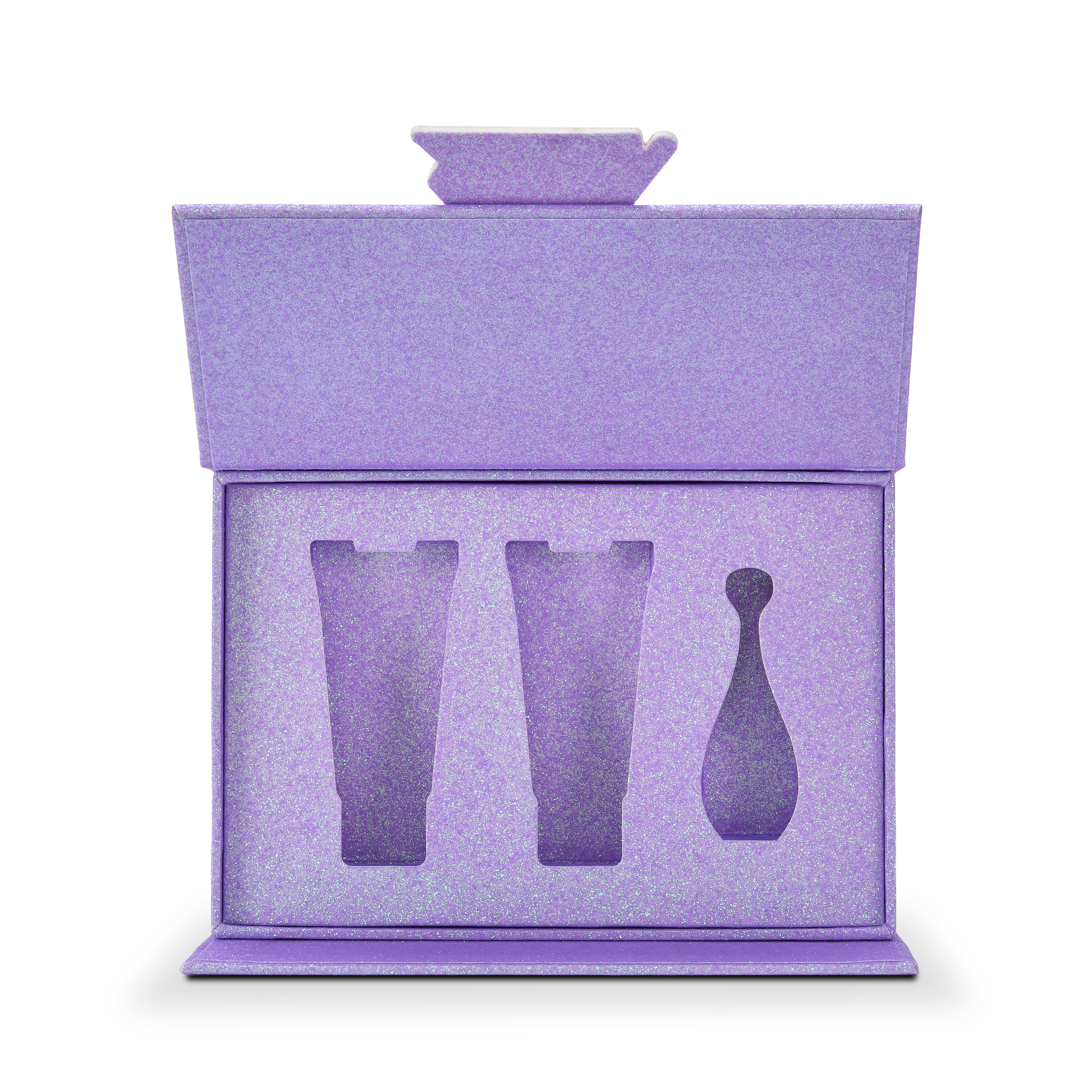 Front on view of an open custom purple glitter rigid makeup gift box with luxury packaging showing the full interior with the matching purple glitter foam insert tray containing three product shaped cutouts holding two cosmetic tubes and one perfume bottle with the lid fully open and the embossed Xactz logo clasp detail visible at the top