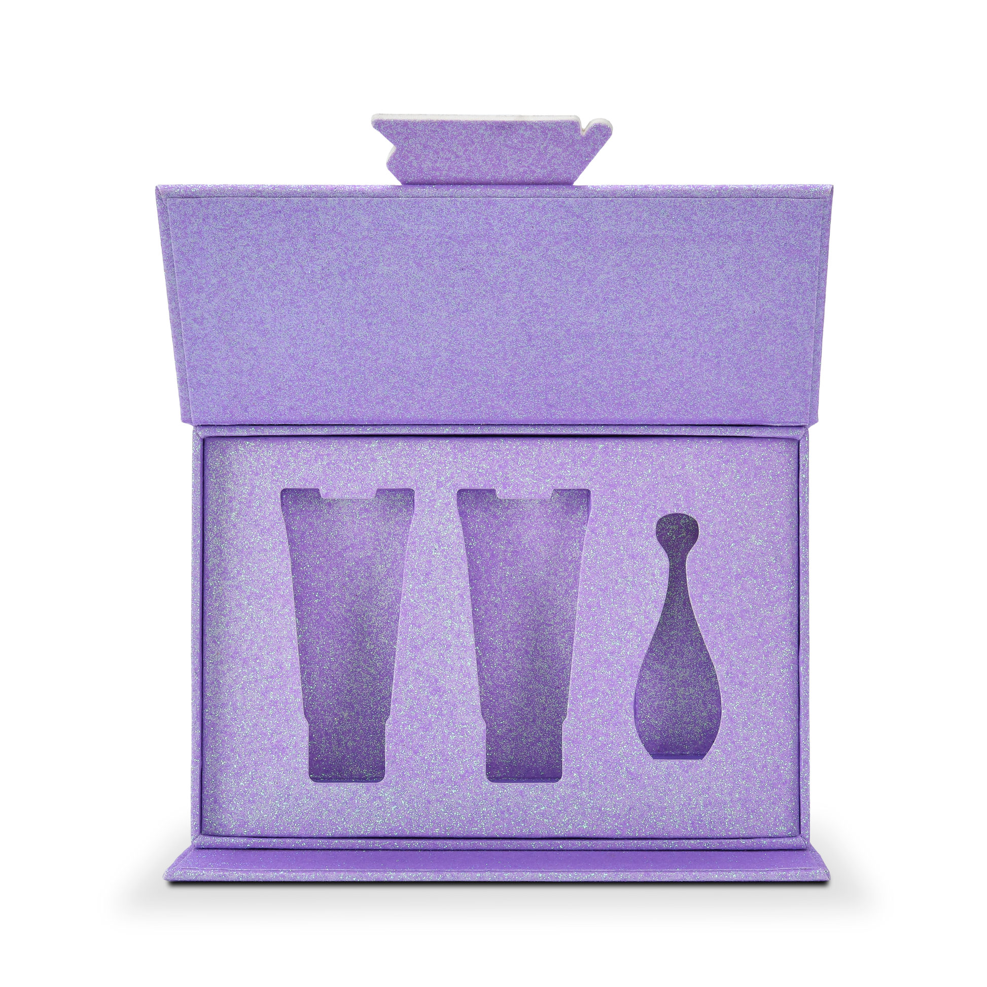 Front on view of an open custom purple glitter rigid makeup gift box with luxury packaging showing the full interior with the matching purple glitter foam insert tray containing three product shaped cutouts holding two cosmetic tubes and one perfume bottle with the lid fully open and the embossed Xactz logo clasp detail visible at the top