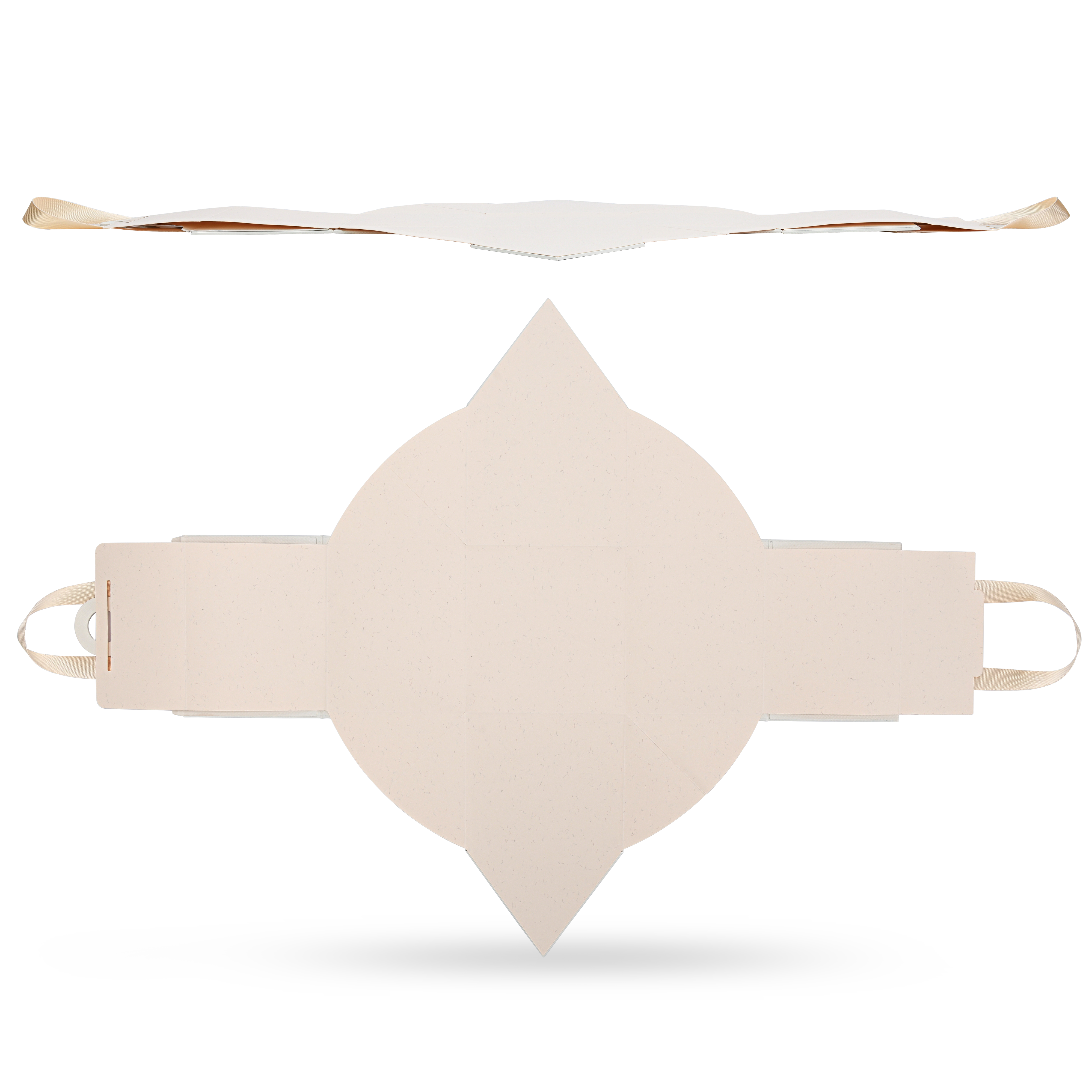 Top down view of an completely unfolded custom house shaped foldable gift box showing the flat pack design with the textured cream white exterior on the bottom and the pink interior panels on top