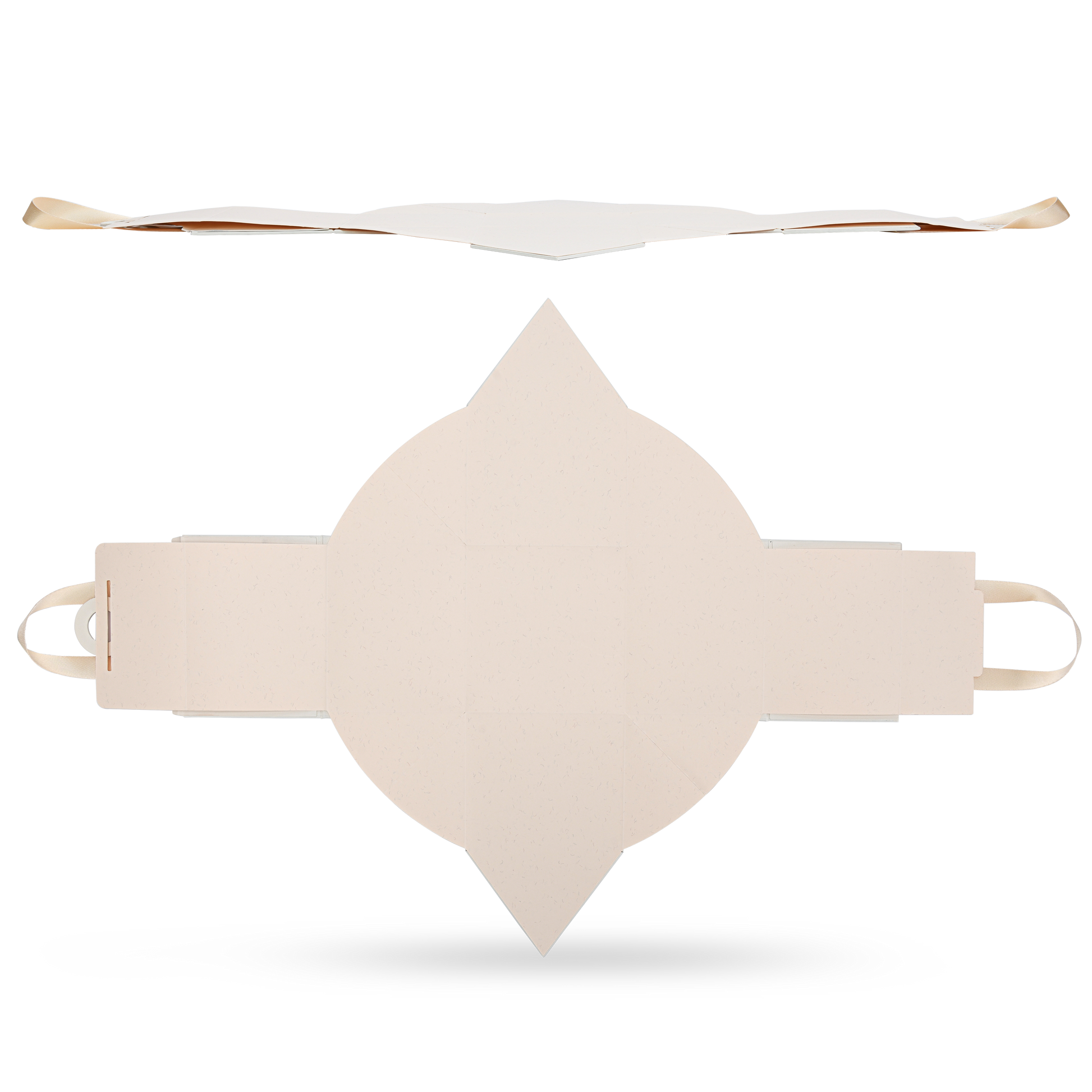 Top down view of an completely unfolded custom house shaped foldable gift box showing the flat pack design with the textured cream white exterior on the bottom and the pink interior panels on top