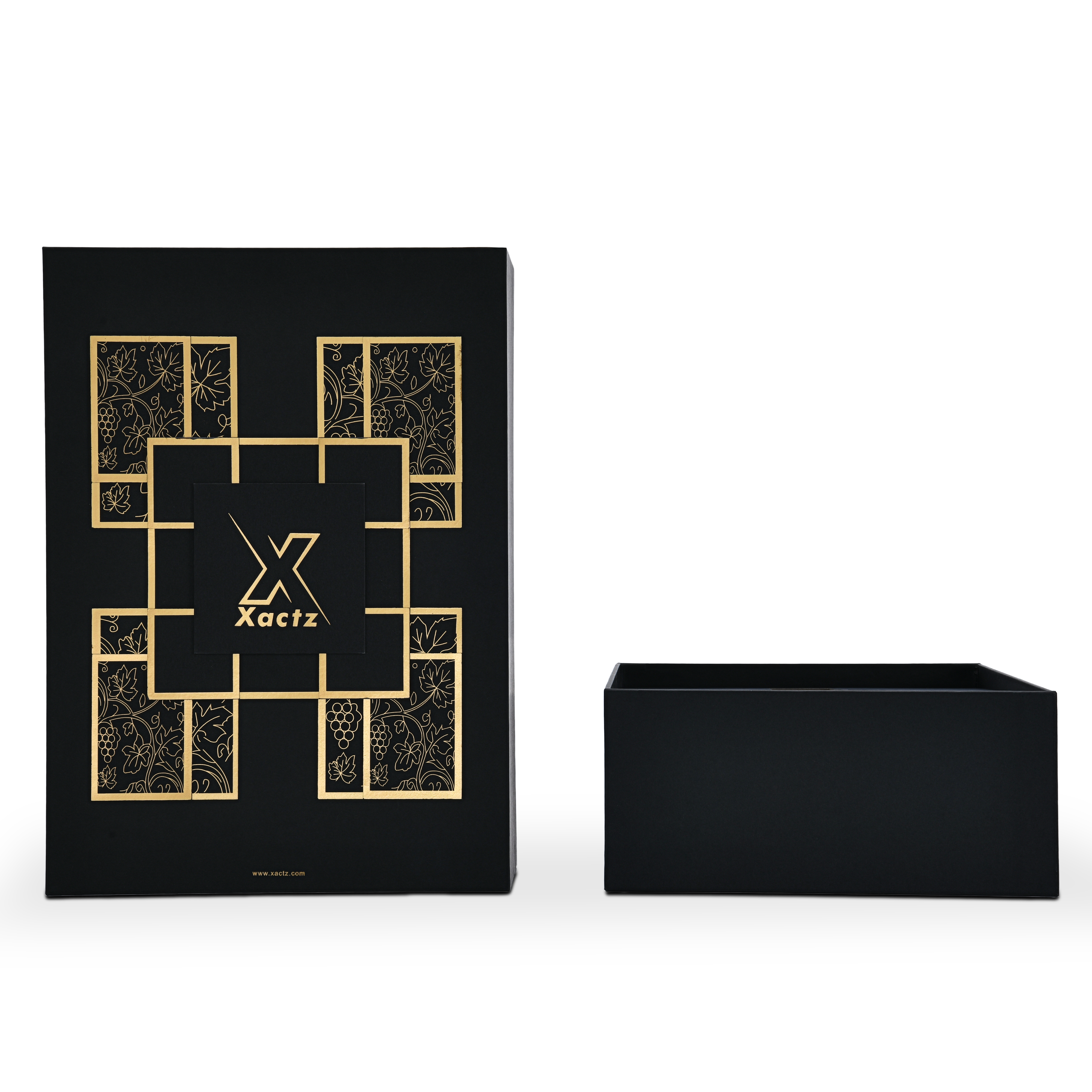 Luxury rigid wine gift box exploded view showing matte gold foil stamped lid separated from deep matte black base with custom wine bottle die-cut insert