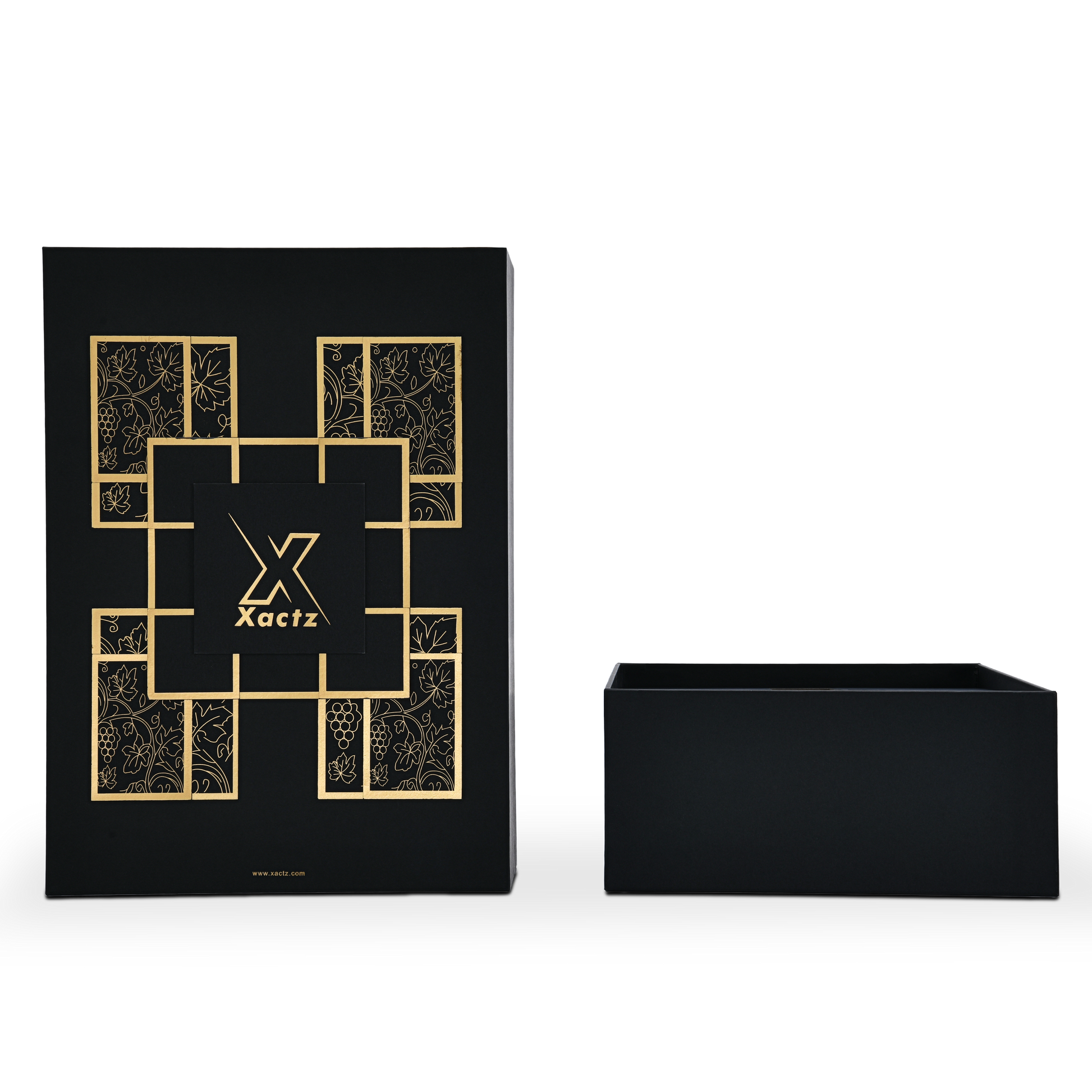 Luxury rigid wine gift box exploded view showing matte gold foil stamped lid separated from deep matte black base with custom wine bottle die-cut insert