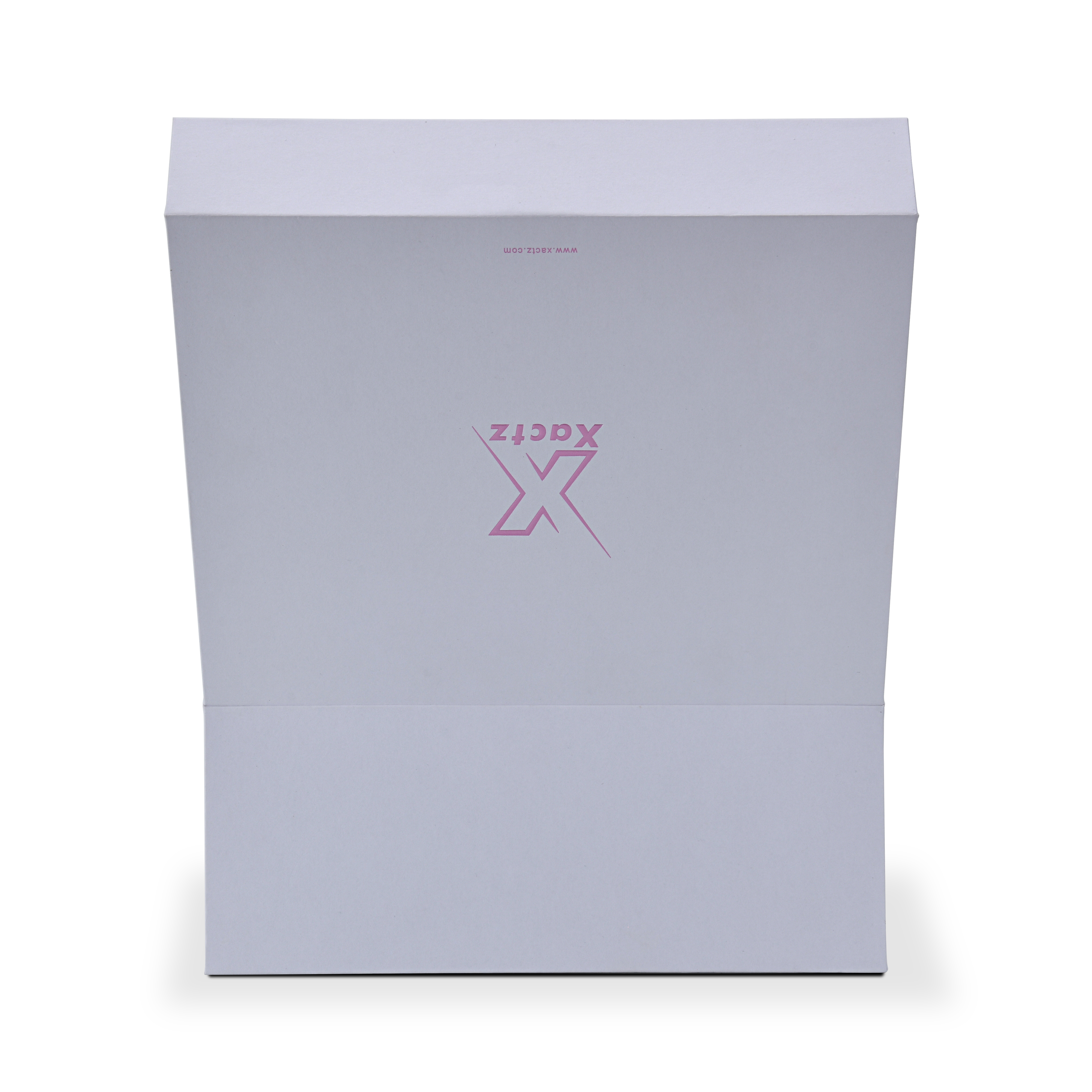 Flat top view of the unfolded magnetic flap lid panel displaying the inverted custom branding for structural reference.