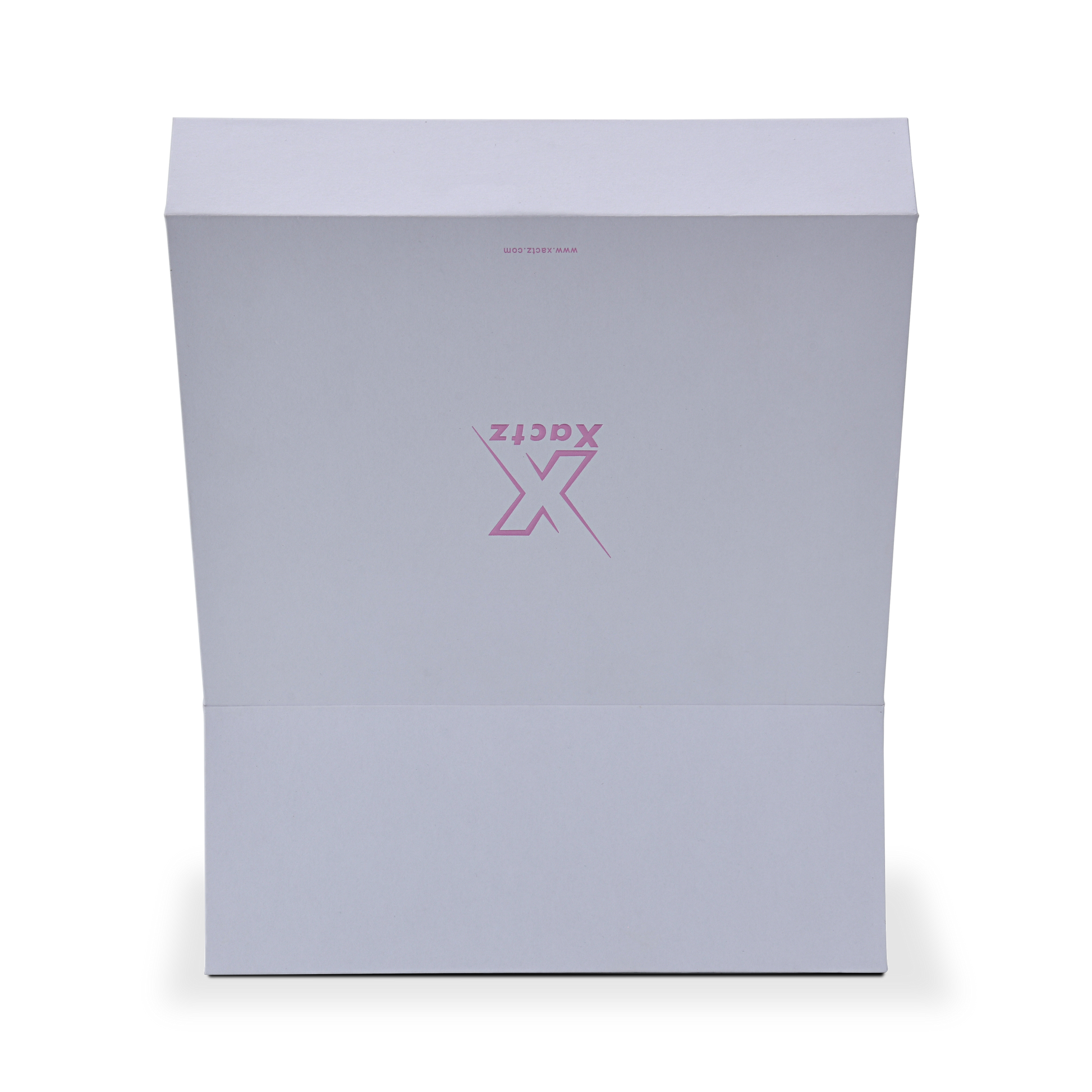 Flat top view of the unfolded magnetic flap lid panel displaying the inverted custom branding for structural reference.