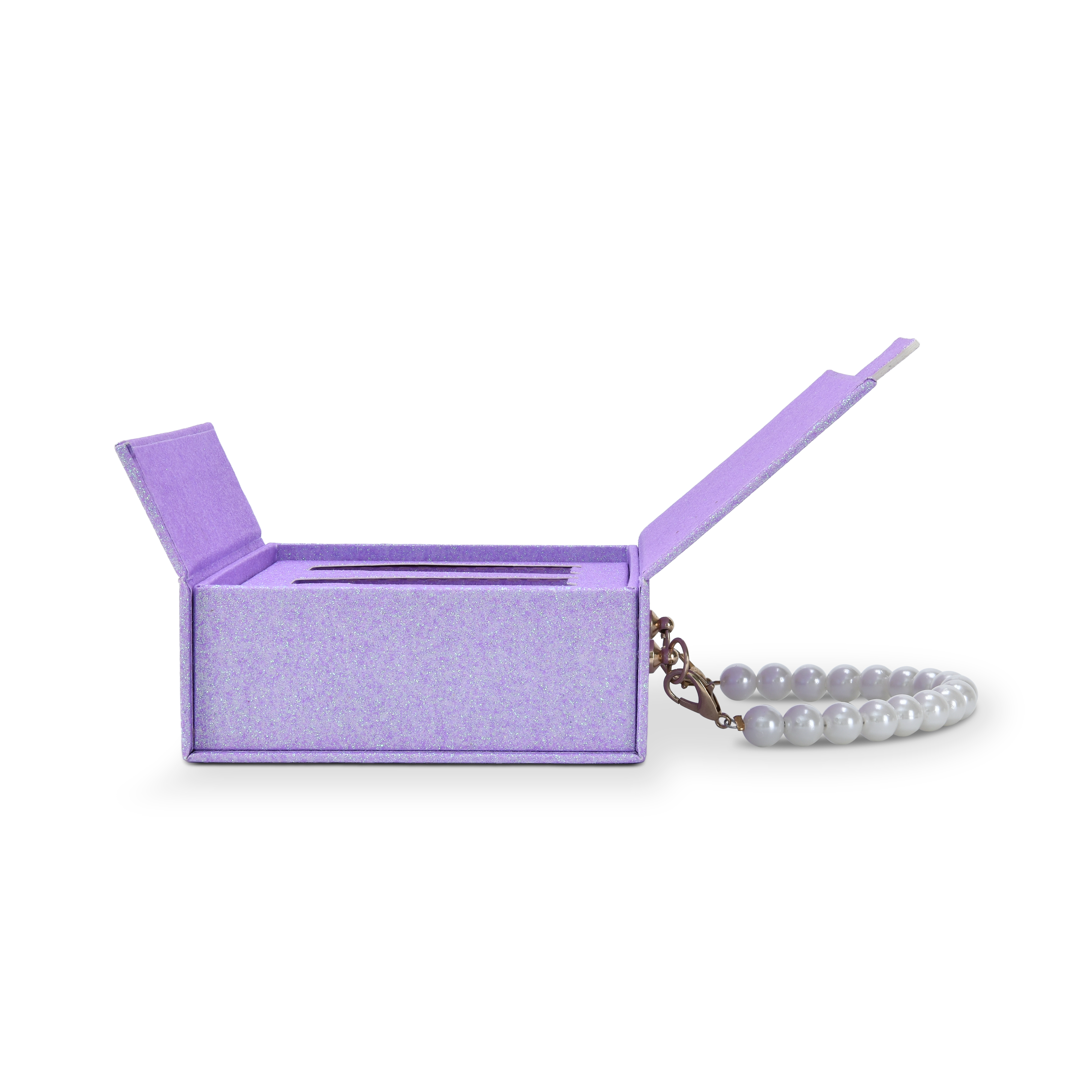 Side profile view of an open custom purple glitter rigid makeup gift box with luxury packaging showing the hinged lid fully open revealing the purple glitter interior lining with the card slot tray insert and the white pearl bead chain handle with gold clasp hardware hanging from the side panel attachment point