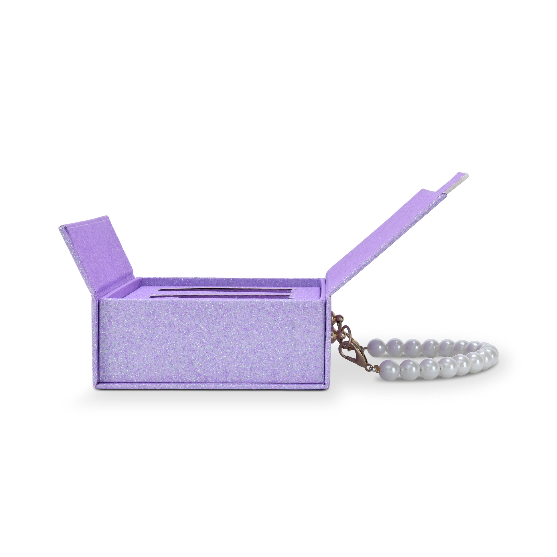 Side profile view of an open custom purple glitter rigid makeup gift box with luxury packaging showing the hinged lid fully open revealing the purple glitter interior lining with the card slot tray insert and the white pearl bead chain handle with gold clasp hardware hanging from the side panel attachment point