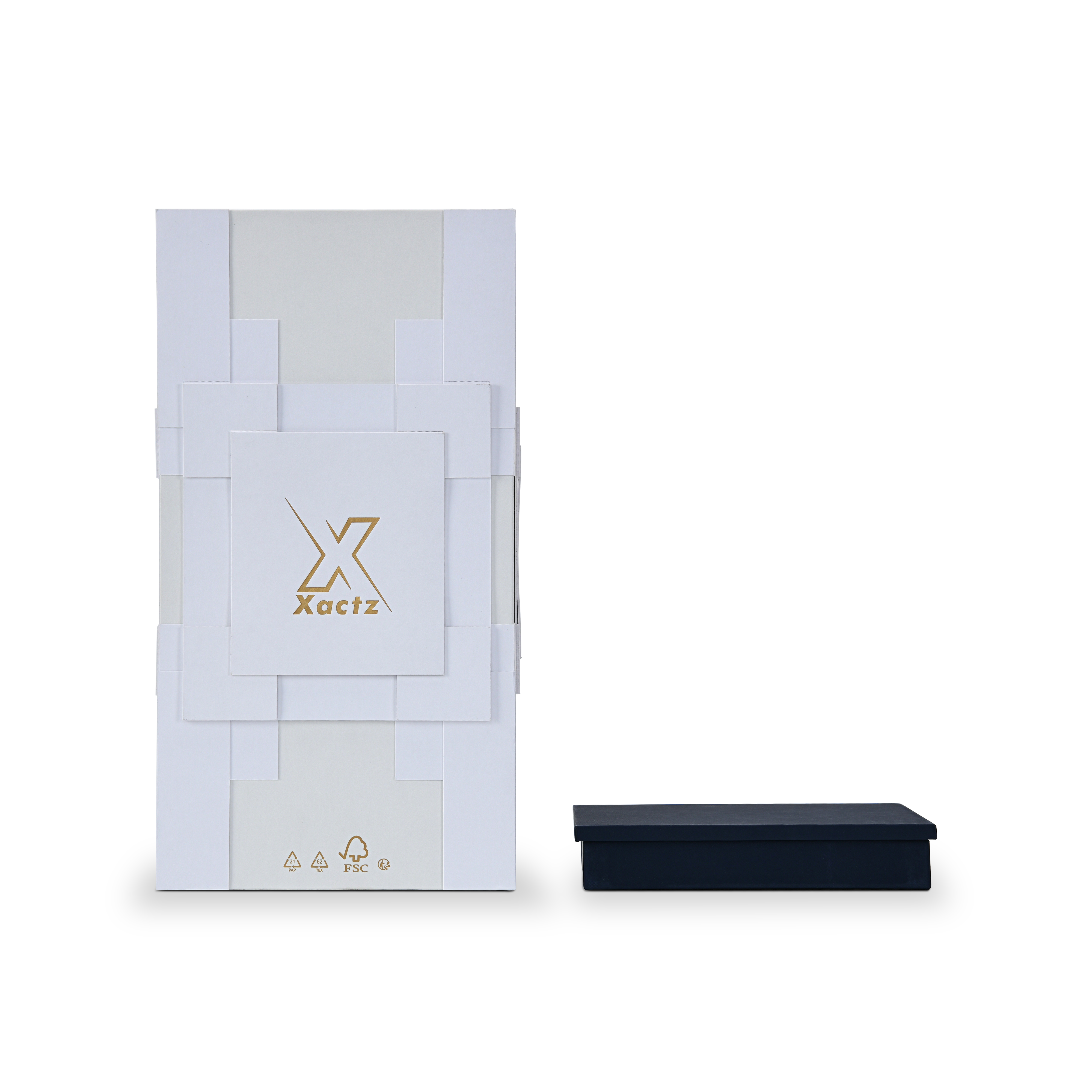 Component breakdown view featuring the white architectural card shell next to the detached deep navy blue shoulder and collar packaging base.
