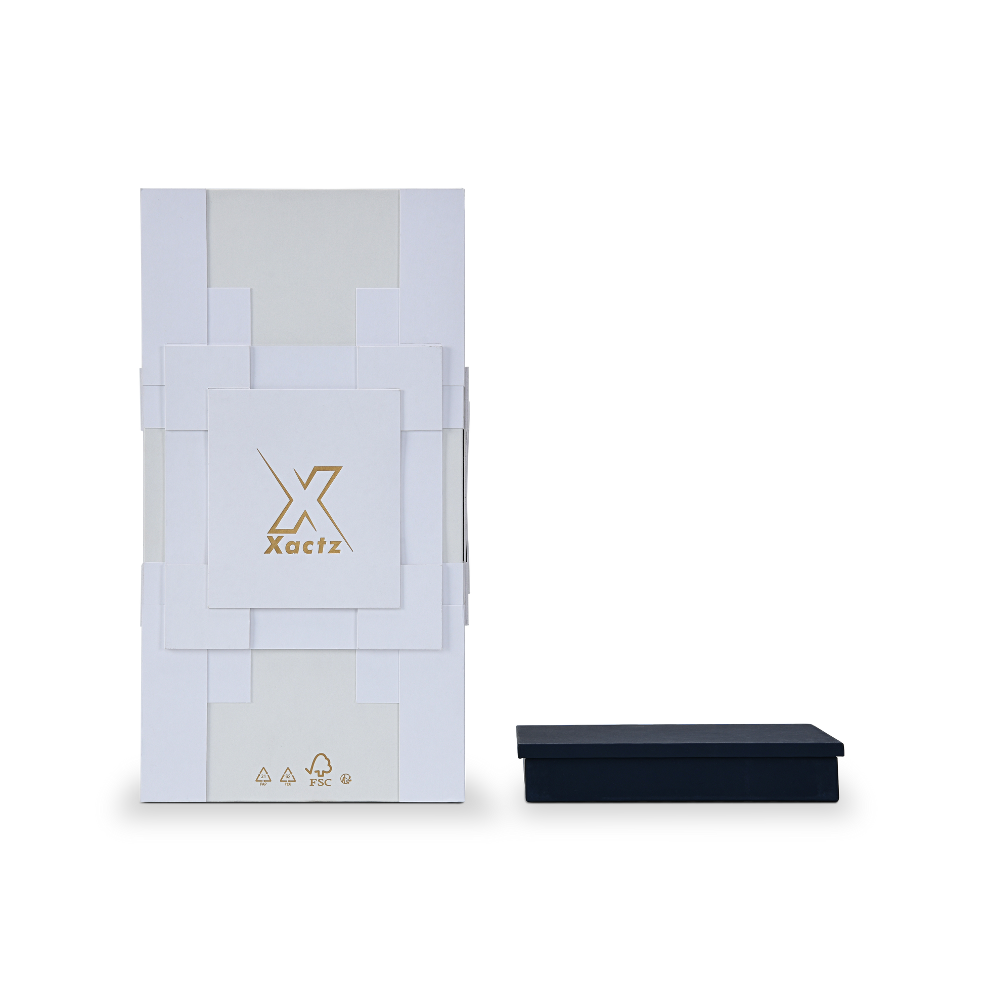 Component breakdown view featuring the white architectural card shell next to the detached deep navy blue shoulder and collar packaging base.