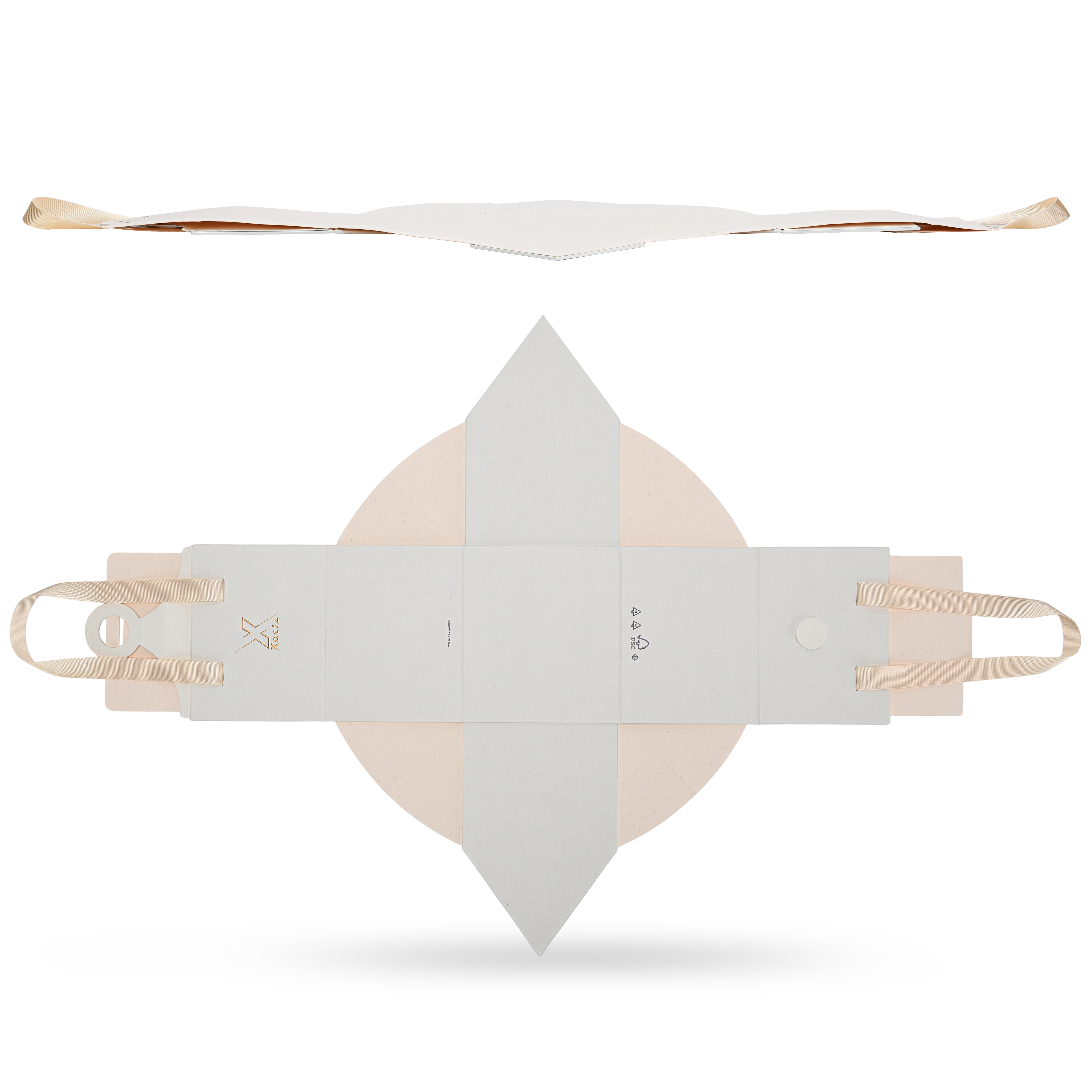 Top down view of an unfolded custom house shaped foldable packaging box showing the cream white textured paper exterior with the gold foil logo and the beige ribbon handles attached to the ends