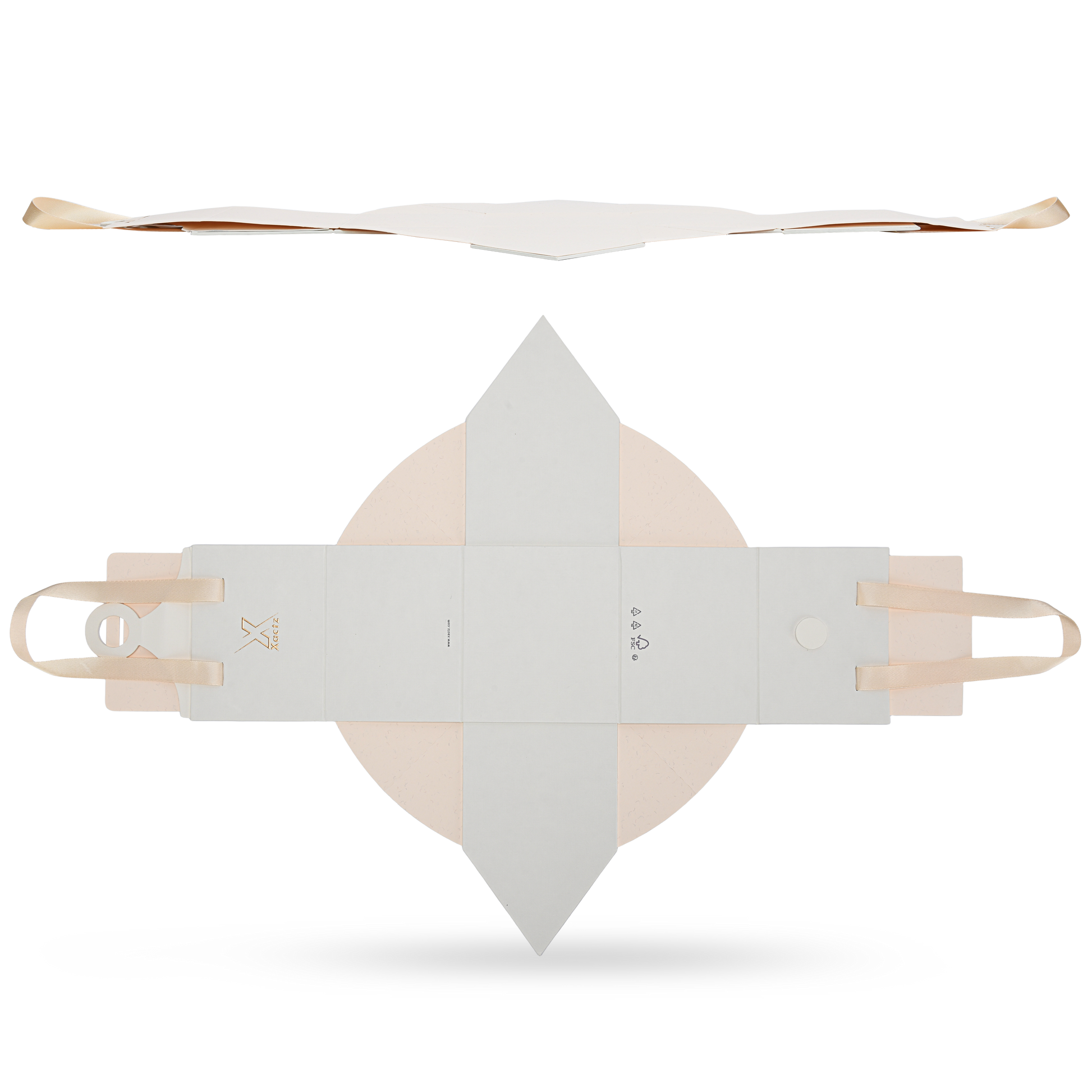 Top down view of an unfolded custom house shaped foldable packaging box showing the cream white textured paper exterior with the gold foil logo and the beige ribbon handles attached to the ends