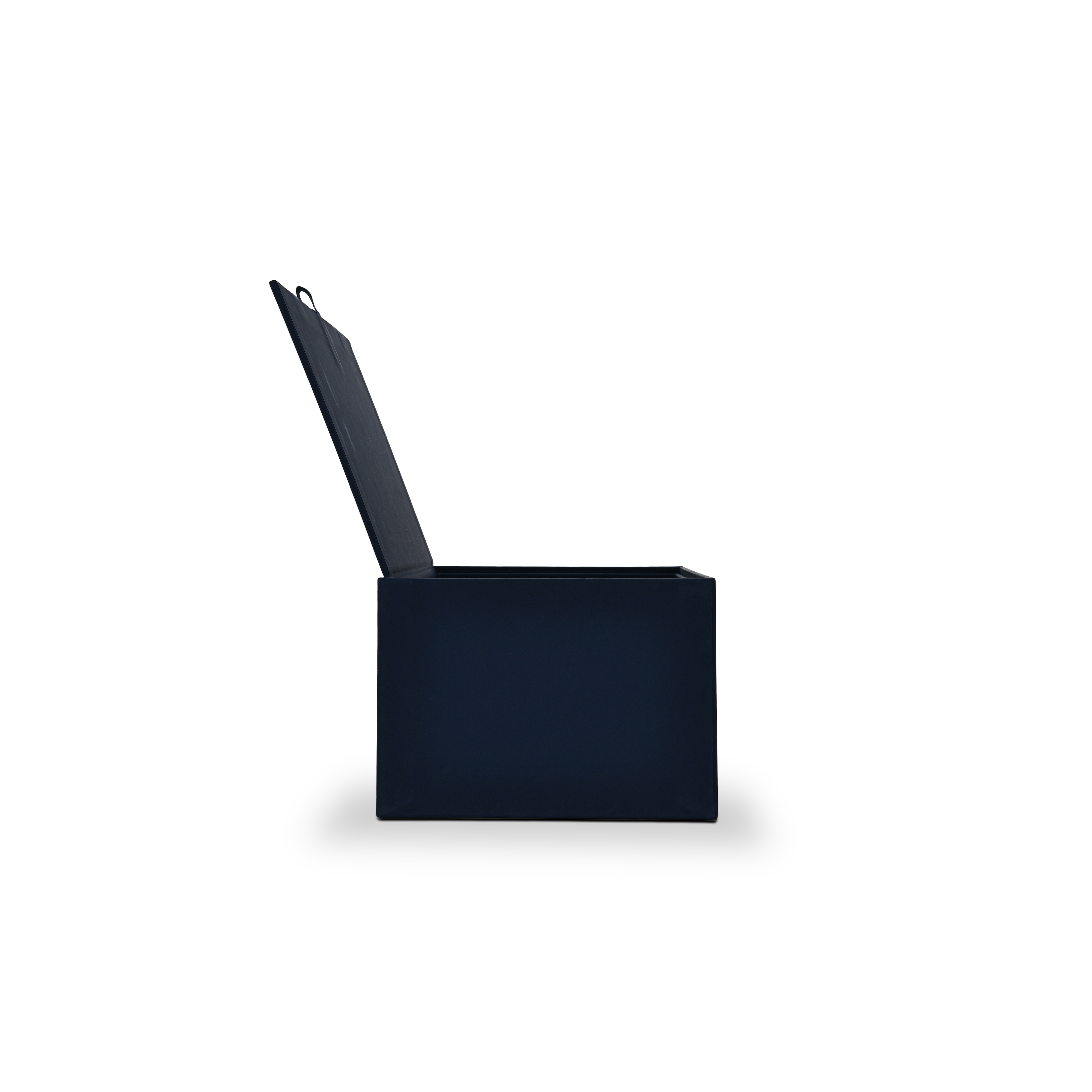 Side profile view of a luxury custom flip top rigid wine box with the magnetic lid fully open at a right angle.
