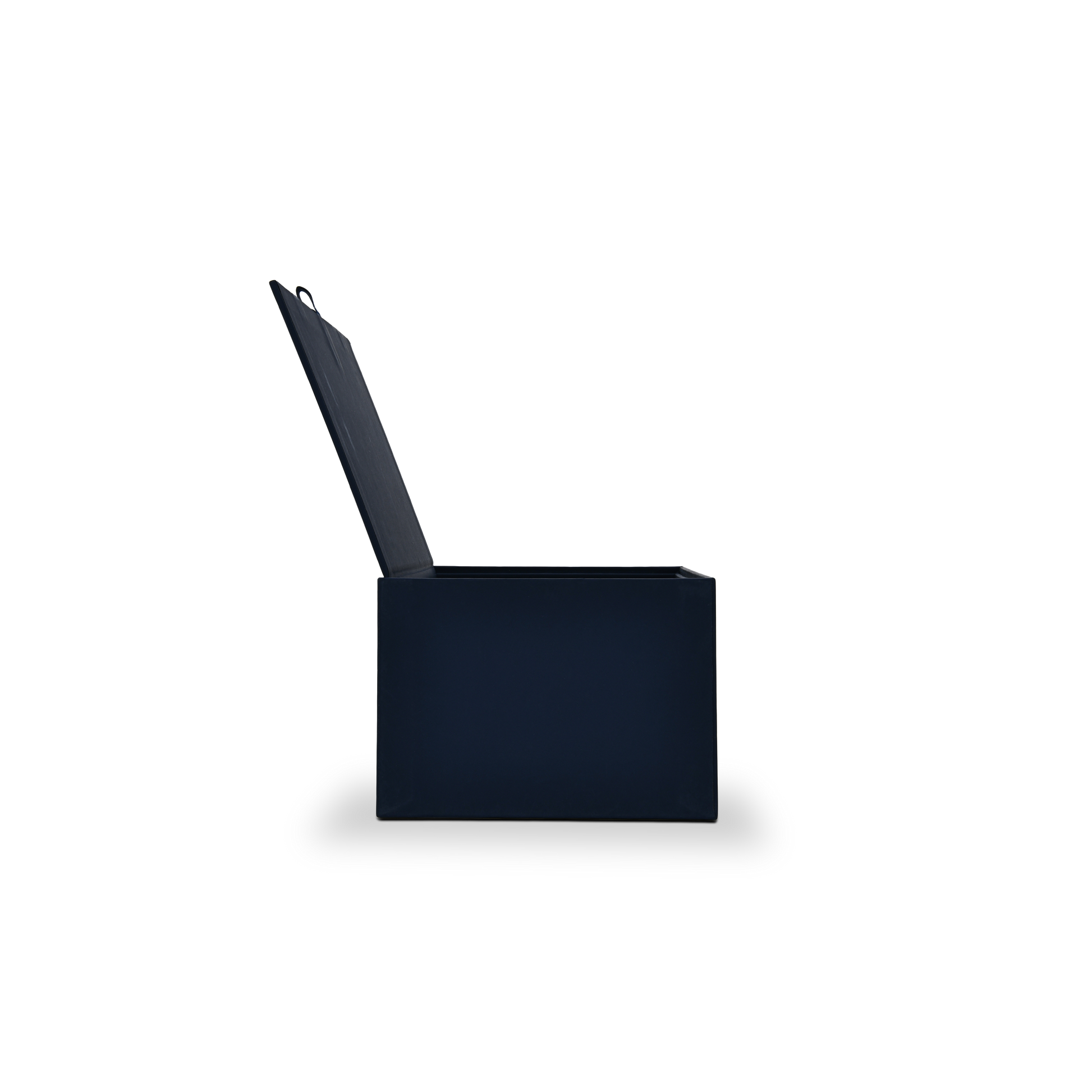 Side profile view of a luxury custom flip top rigid wine box with the magnetic lid fully open at a right angle.