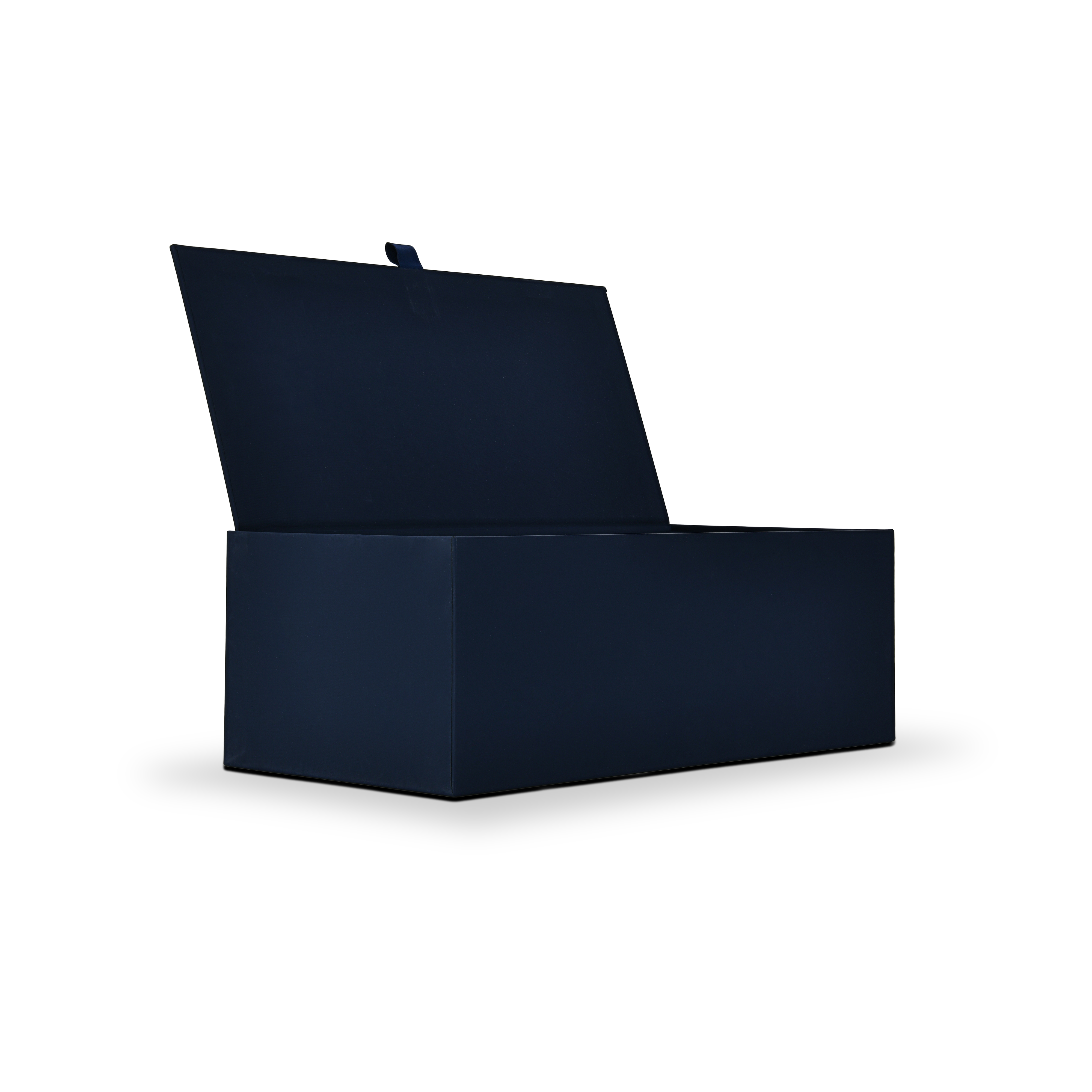 Angled perspective of open navy blue premium single bottle wine packaging highlighting the deep rigid base and flip-top construction.