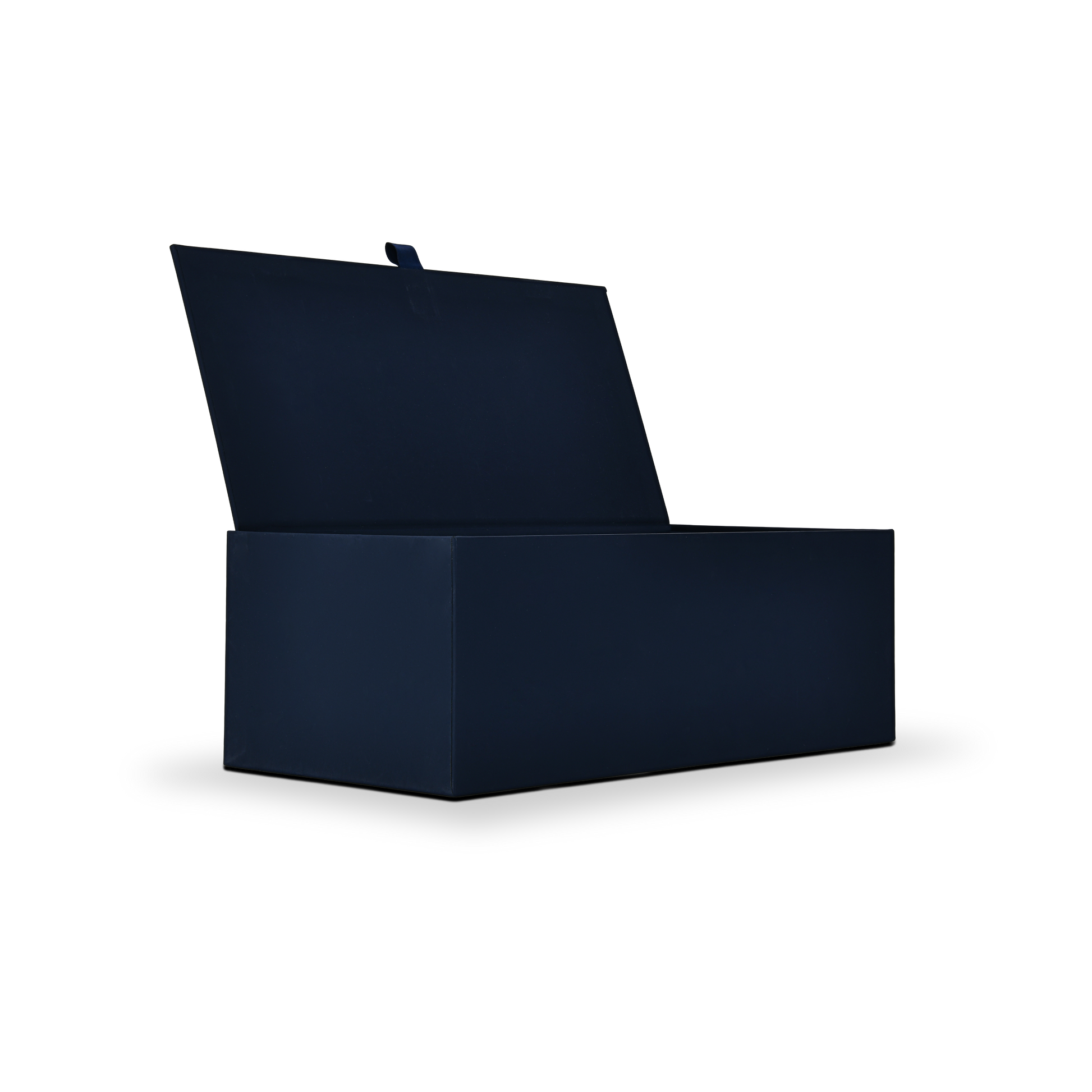Angled perspective of open navy blue premium single bottle wine packaging highlighting the deep rigid base and flip-top construction.