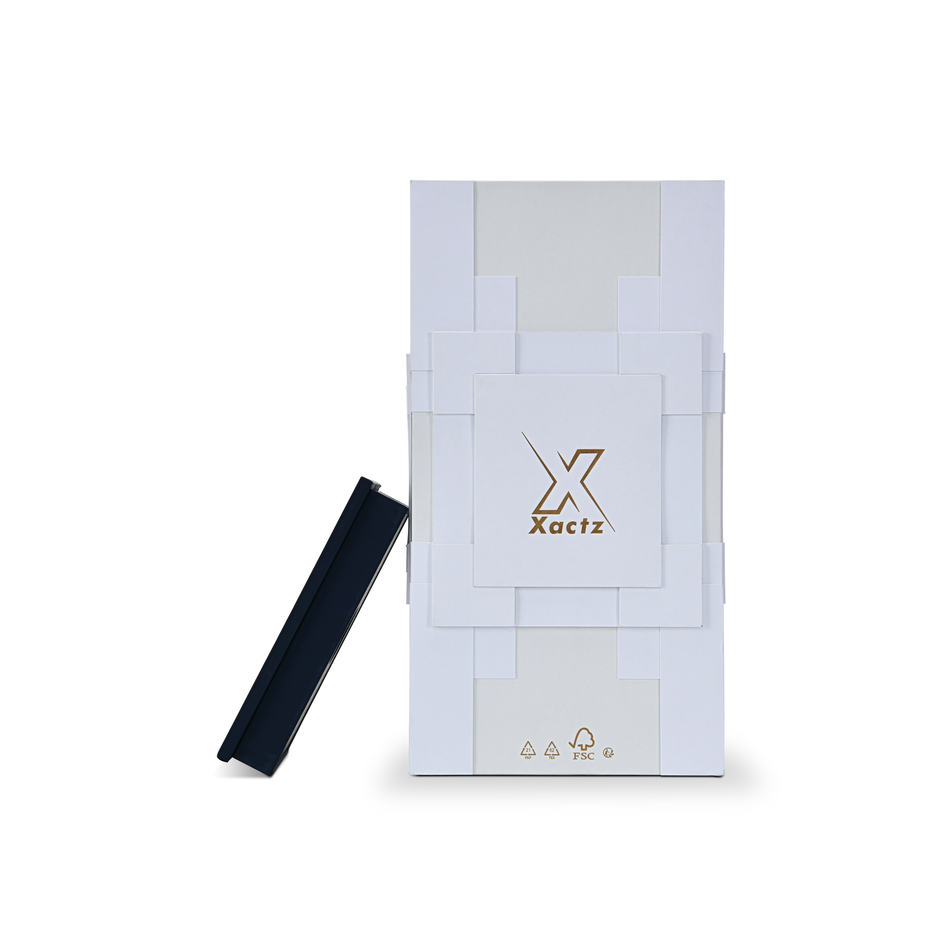 Top-down presentation view of the custom wine gift box set with the deep navy blue collar lid panel propped up dynamically on the left.