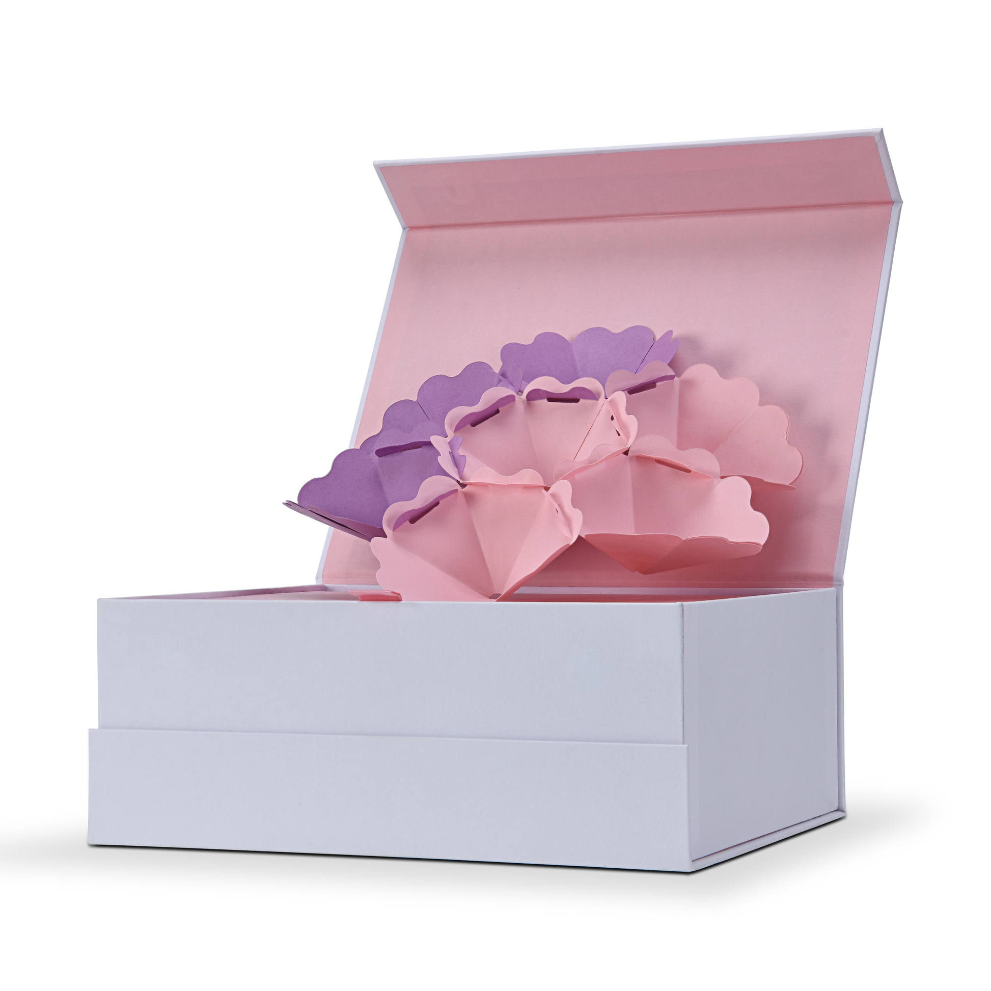 High-angle perspective view of the opened custom pop-up flower magnetic gift box, showcasing an interactive premium influencer unboxing experience.