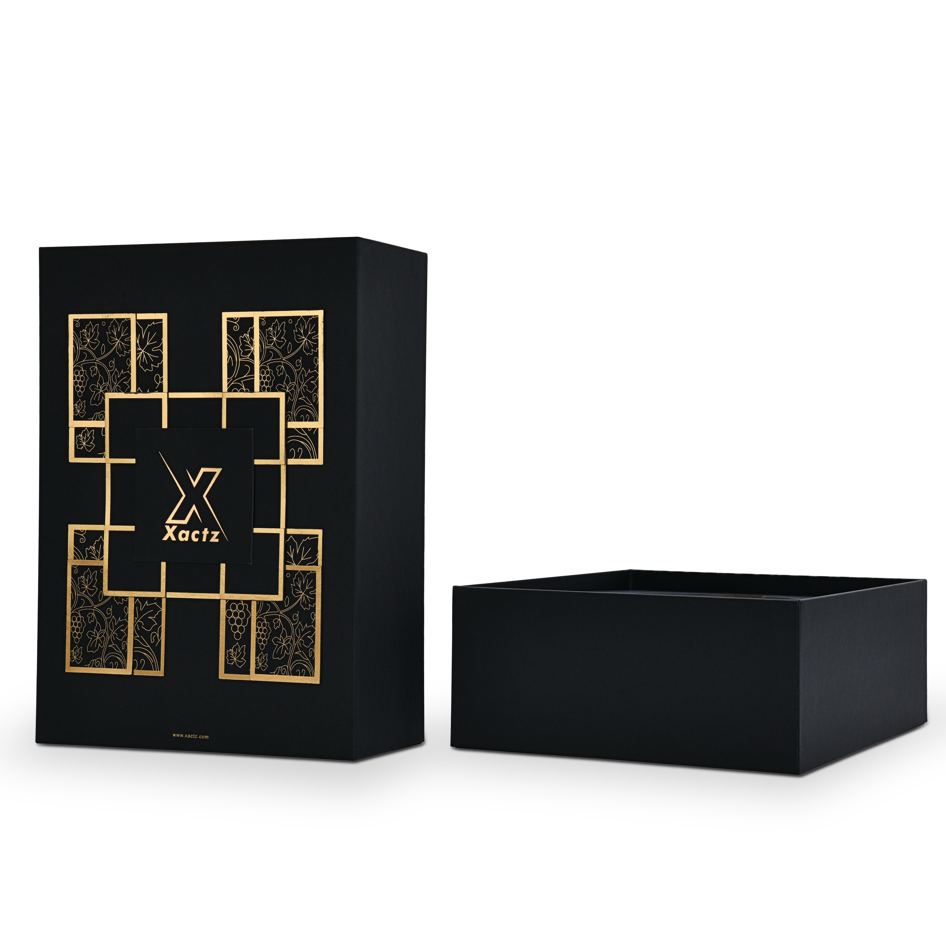 Premium black rigid wine gift box lid separated from base showing full interior depth and clean matte black construction with custom wine bottle shaped insert
