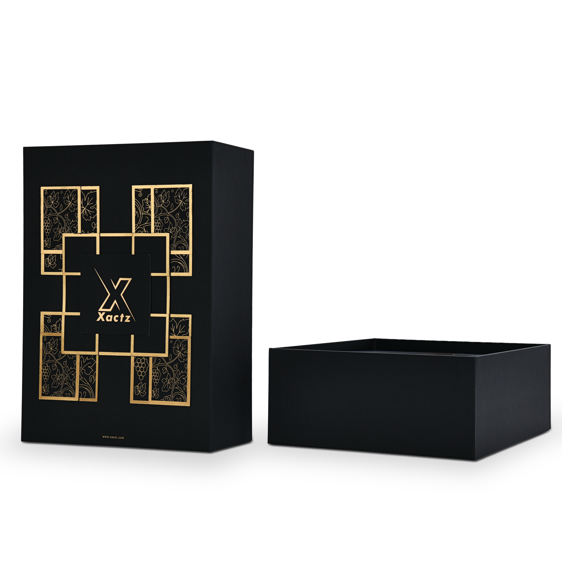 Premium black rigid wine gift box lid separated from base showing full interior depth and clean matte black construction with custom wine bottle shaped insert