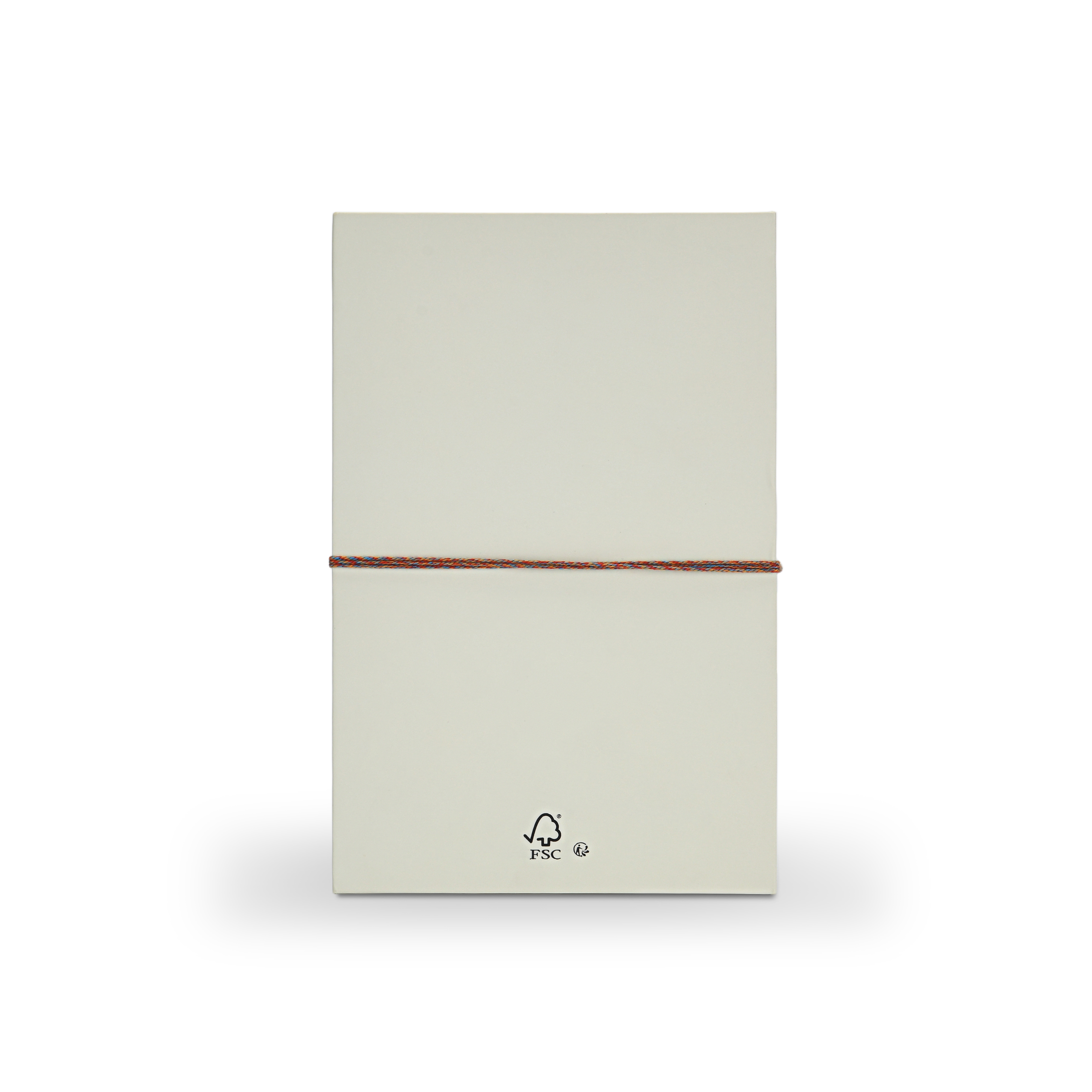Back view of premium cream book style perfume gift box showing FSC certification mark on clean soft-touch matte laminated cream surface with multicolour rope closure