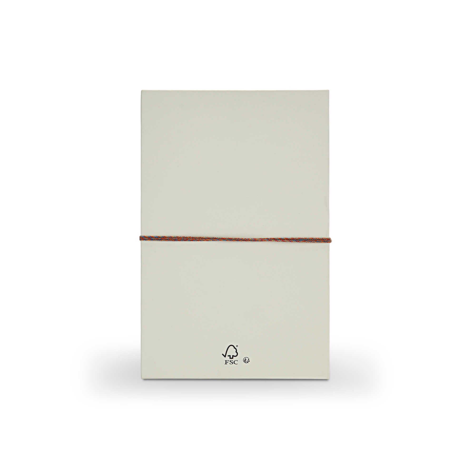 Back view of premium cream book style perfume gift box showing FSC certification mark on clean soft-touch matte laminated cream surface with multicolour rope closure