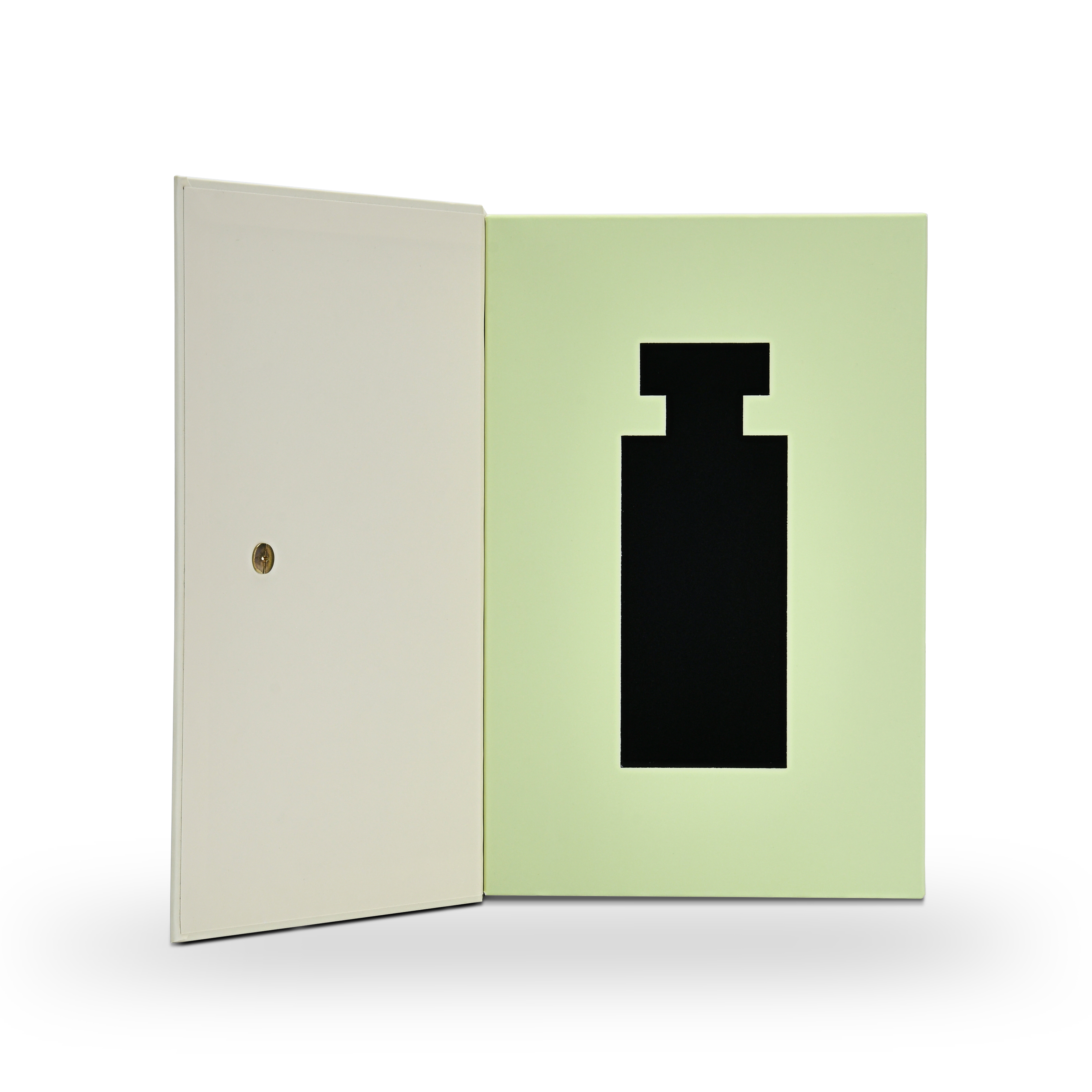 Luxury cream book style perfume packaging box fully open front view showing pale green interior with custom black EVA perfume bottle silhouette die-cut insert and cream soft-touch laminated lid panel