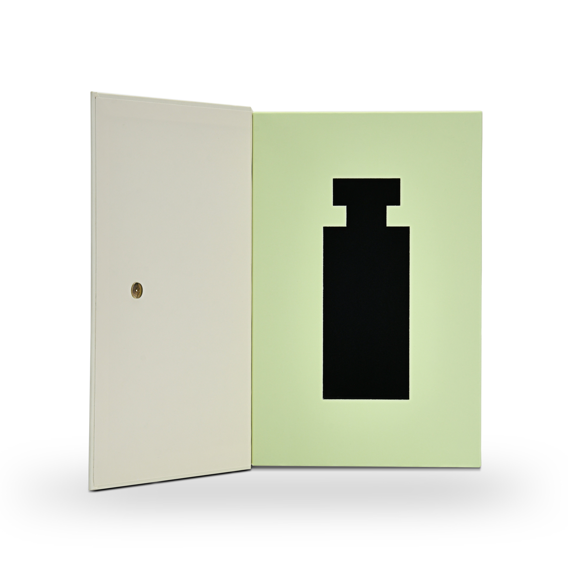 Luxury cream book style perfume packaging box fully open front view showing pale green interior with custom black EVA perfume bottle silhouette die-cut insert and cream soft-touch laminated lid panel