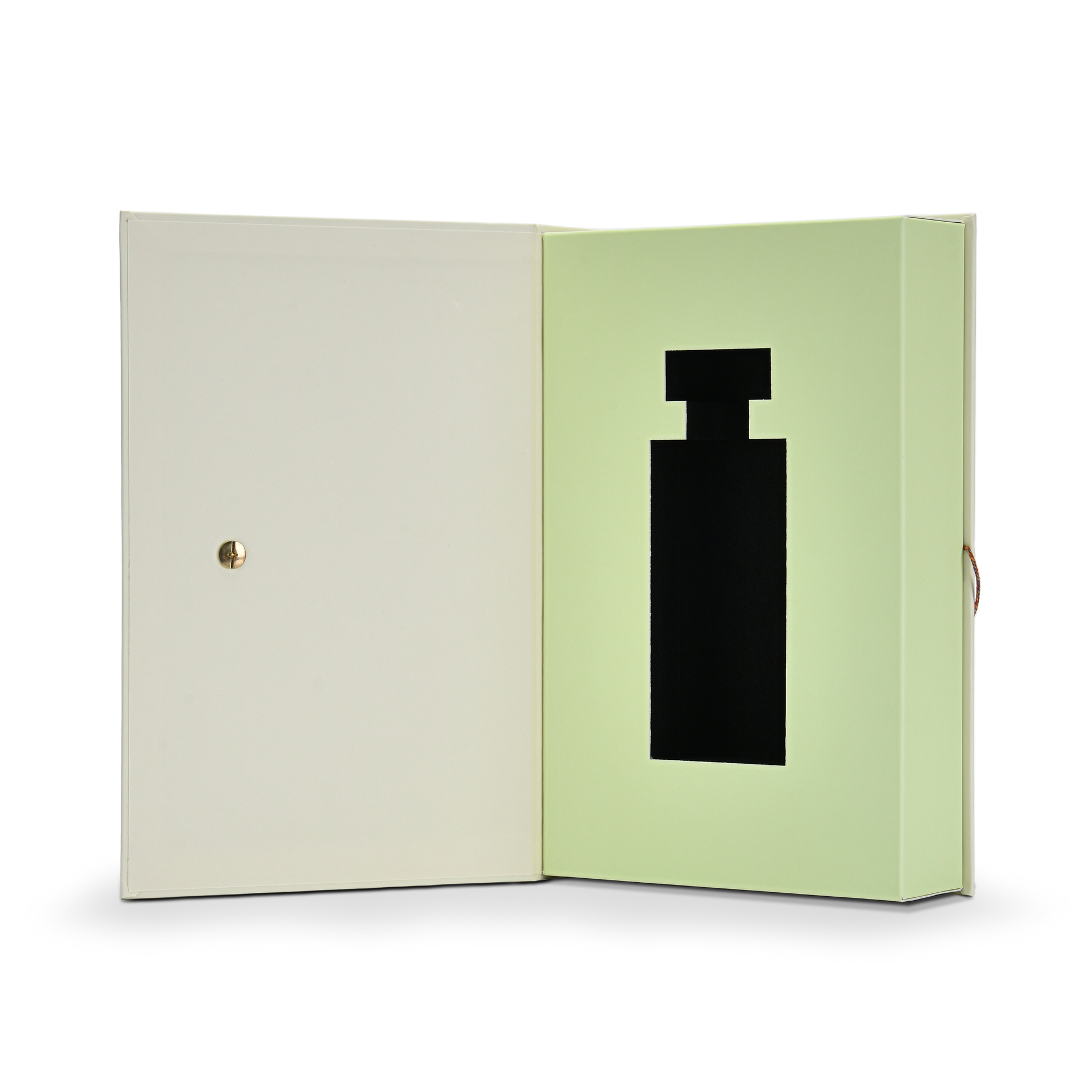 Premium cream book style perfume gift box fully open front view revealing pale green interior lining with custom black EVA die-cut perfume bottle shaped insert and gold metal rivet on cream interior lid
