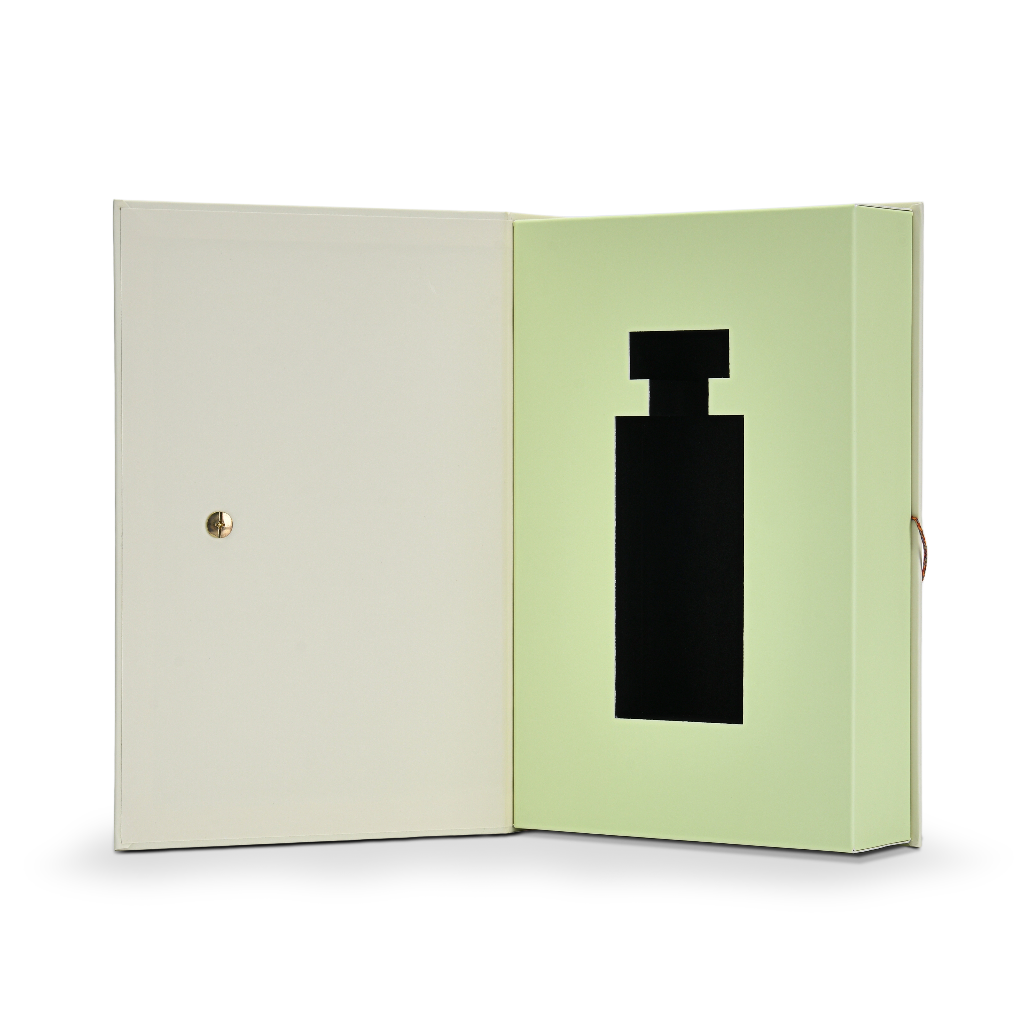 Premium cream book style perfume gift box fully open front view revealing pale green interior lining with custom black EVA die-cut perfume bottle shaped insert and gold metal rivet on cream interior lid