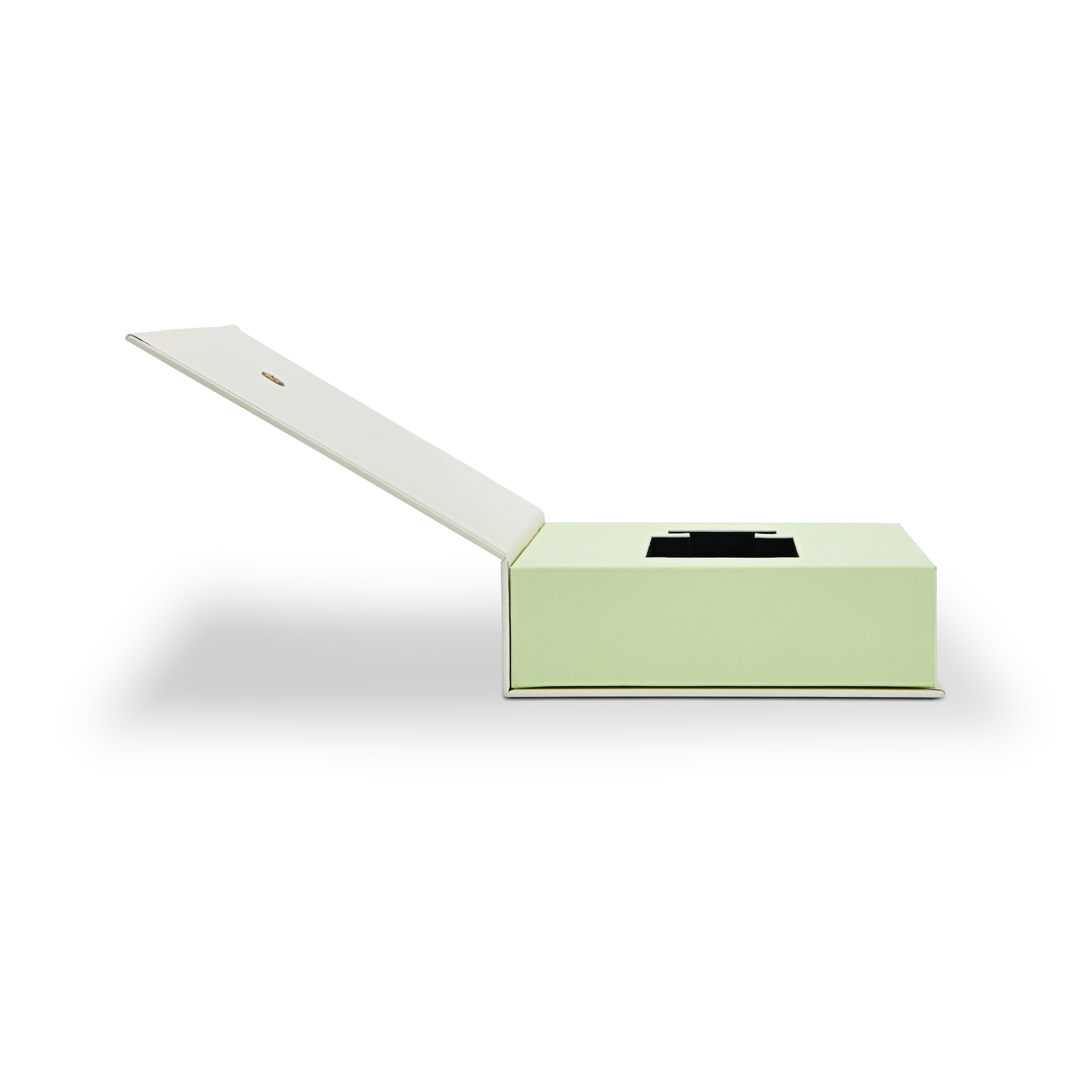 Premium cream book style perfume packaging box open side profile view showing lid fully extended on hinge revealing pale green interior with custom black EVA perfume bottle die-cut insert