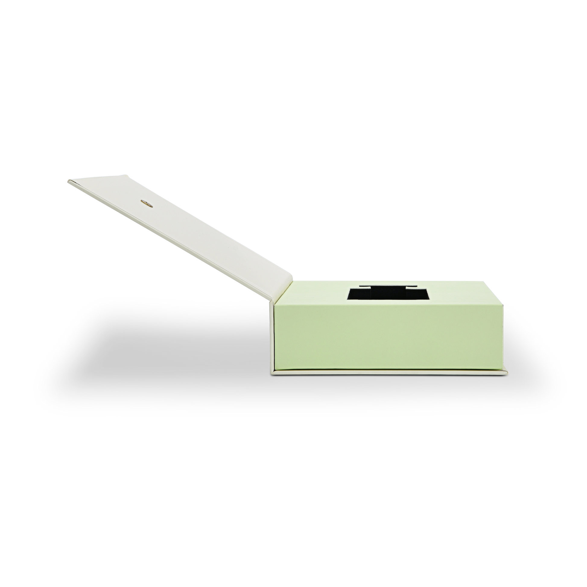 Premium cream book style perfume packaging box open side profile view showing lid fully extended on hinge revealing pale green interior with custom black EVA perfume bottle die-cut insert