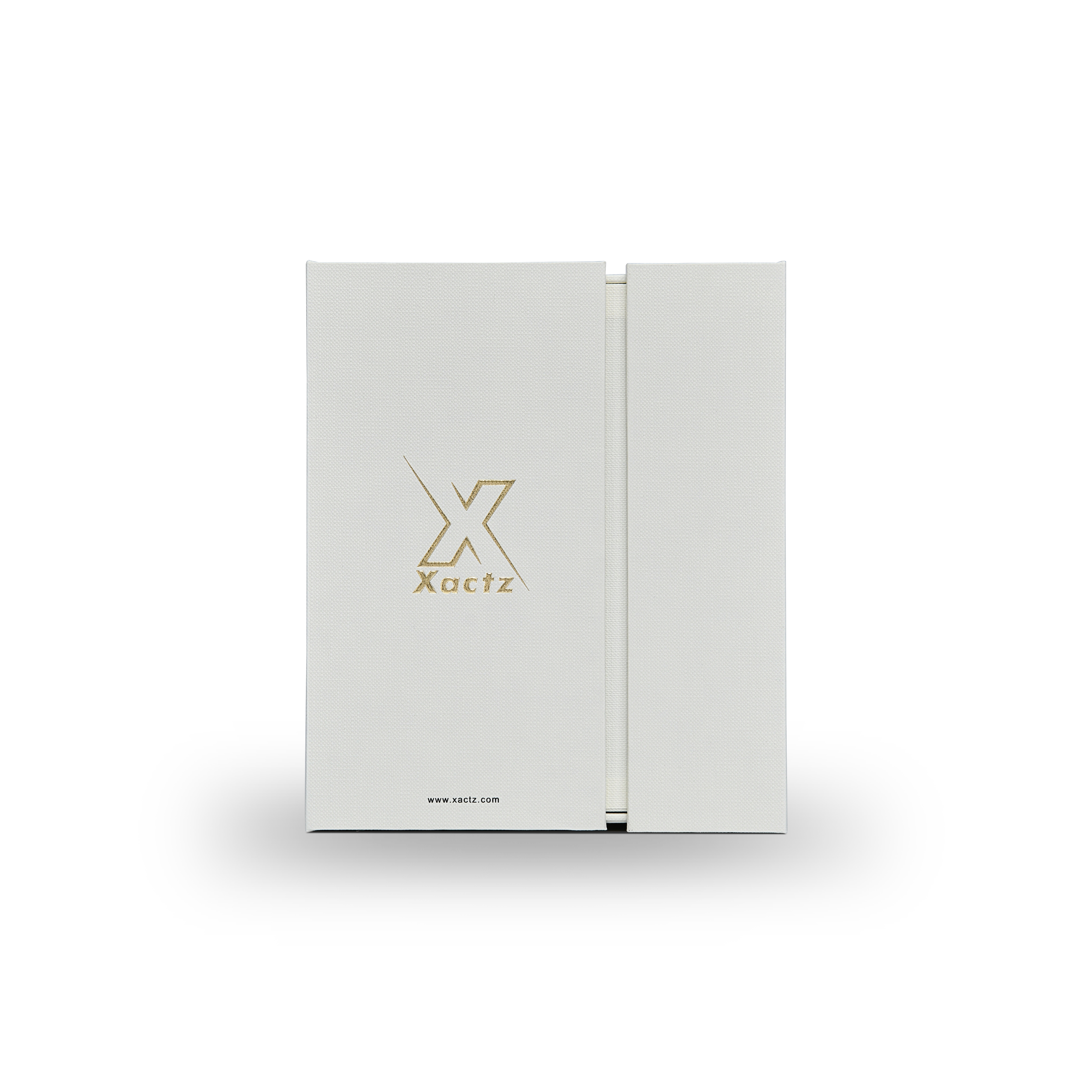 Elegant Beige Embossed Gold Foil Foldable Book-Shaped Luxury Gift Box with Textured Linen Pattern, Satin Lining, and 3M Adhesive System