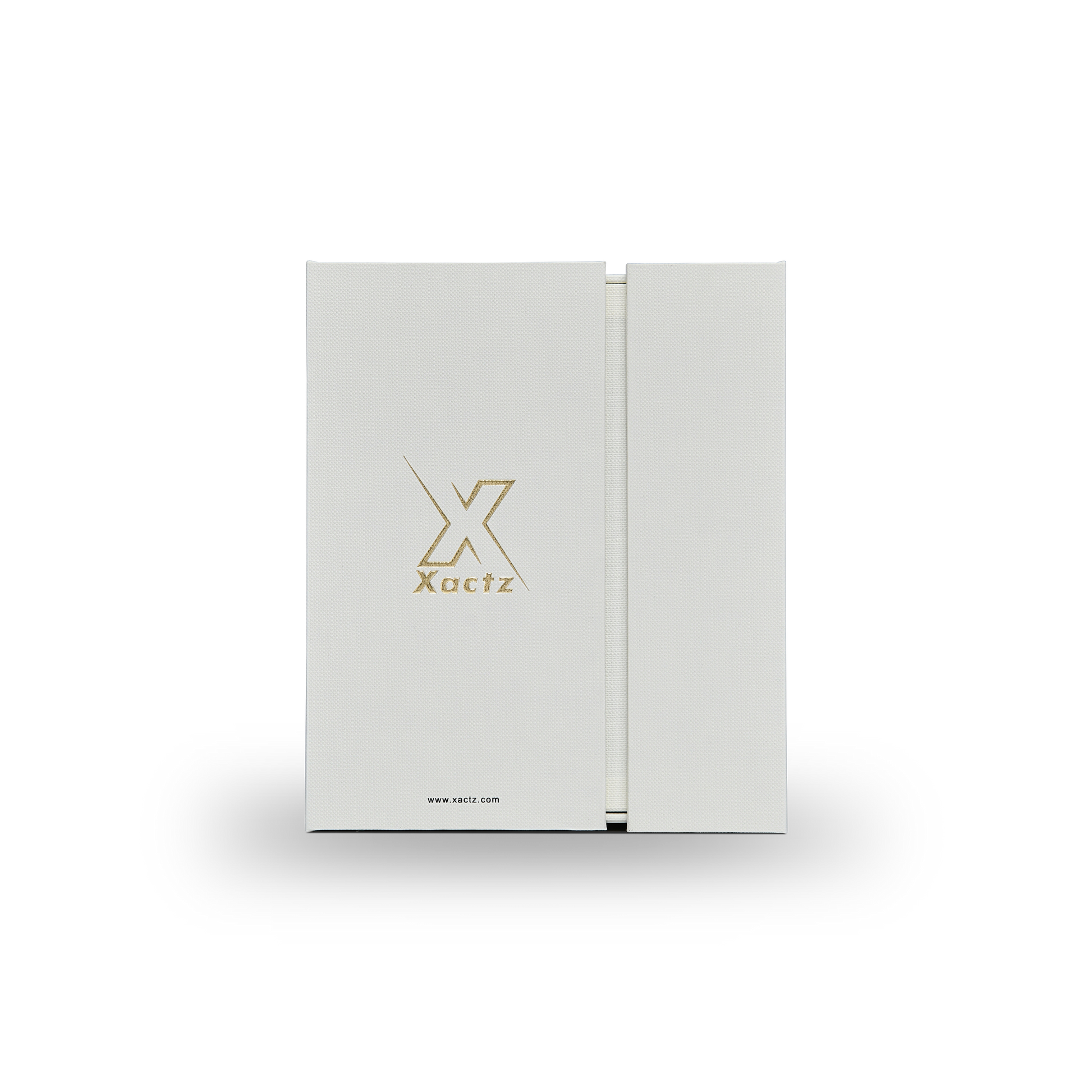 Elegant Beige Embossed Gold Foil Foldable Book-Shaped Luxury Gift Box with Textured Linen Pattern, Satin Lining, and 3M Adhesive System