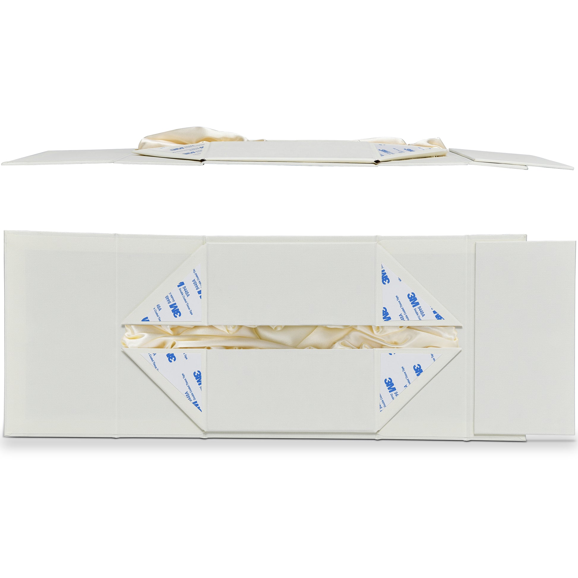 Elegant Beige Embossed Gold Foil Foldable Book-Shaped Luxury Gift Box with Textured Linen Pattern, Satin Lining, and 3M Adhesive System