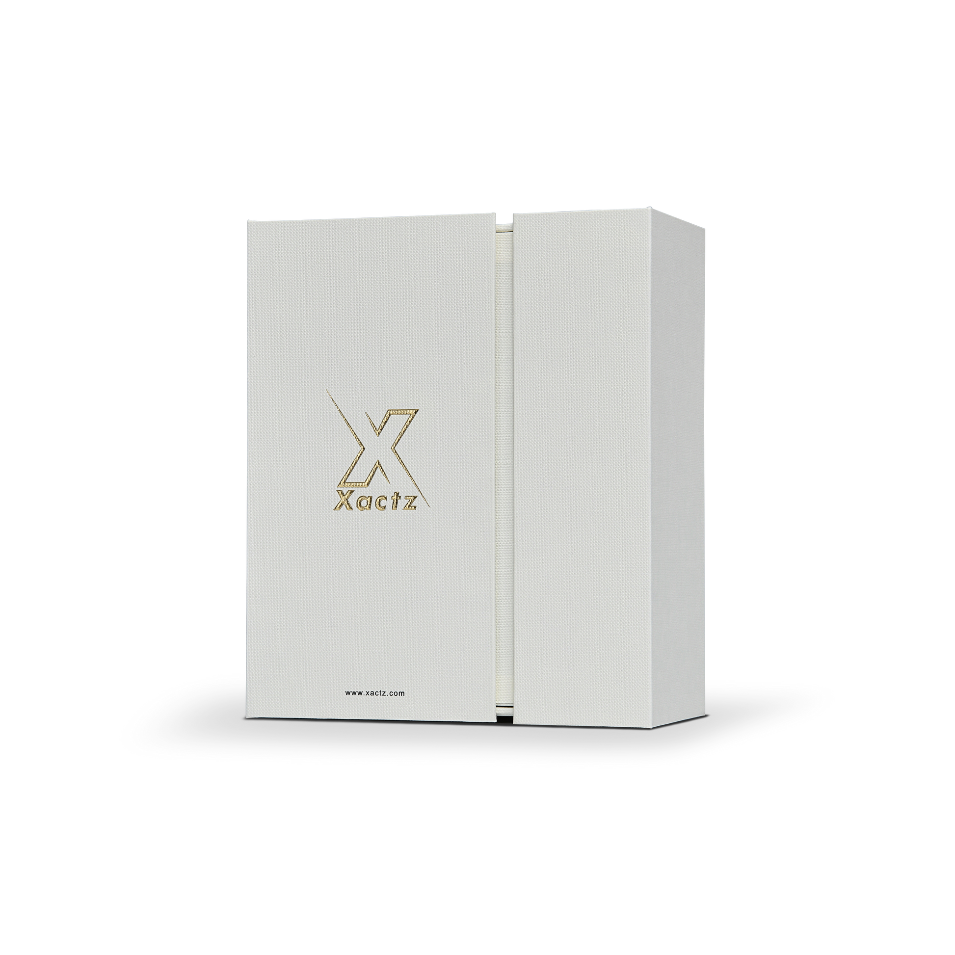 Elegant Beige Embossed Gold Foil Foldable Book-Shaped Luxury Gift Box with Textured Linen Pattern, Satin Lining, and 3M Adhesive System