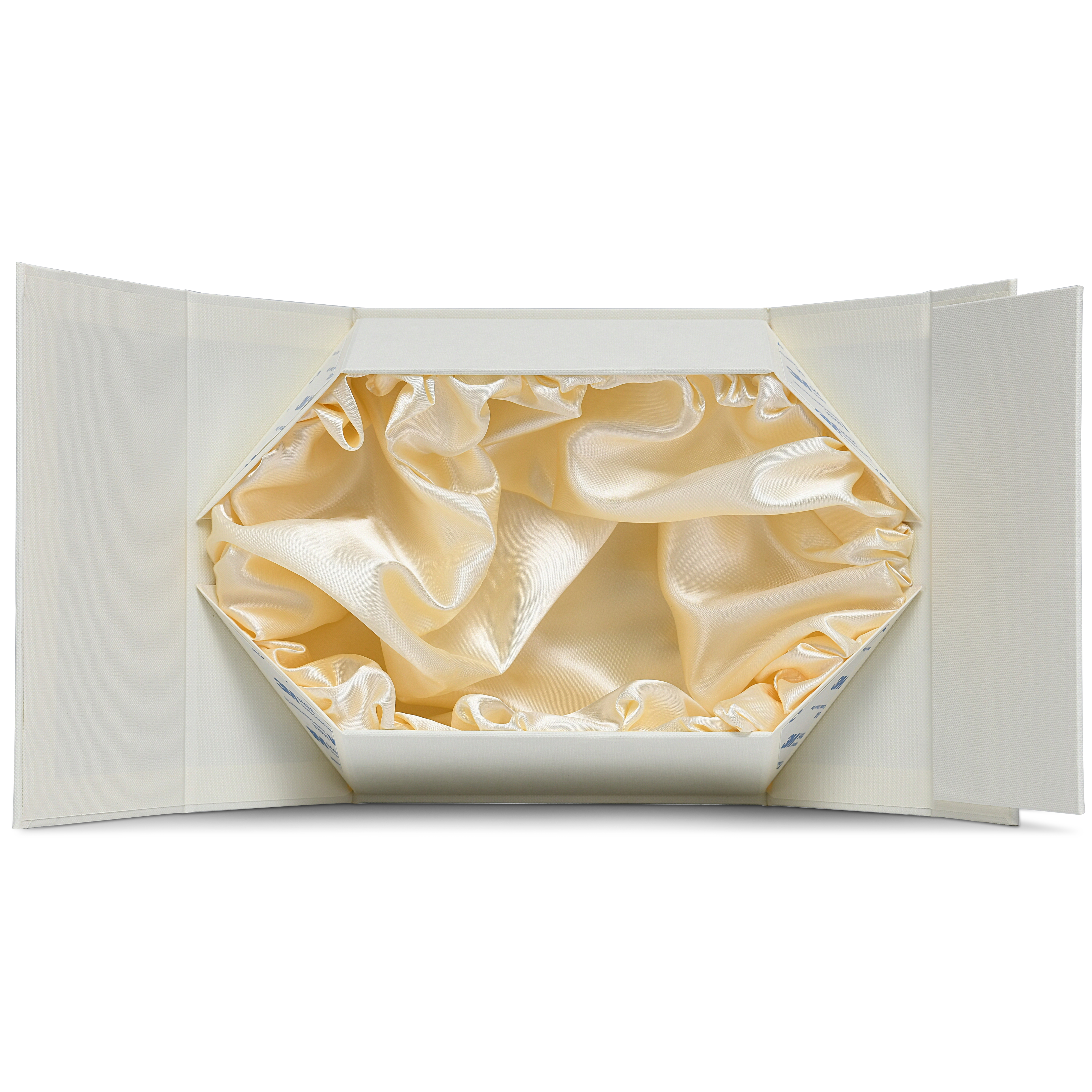 Elegant Beige Embossed Gold Foil Foldable Book-Shaped Luxury Gift Box with Textured Linen Pattern, Satin Lining, and 3M Adhesive System