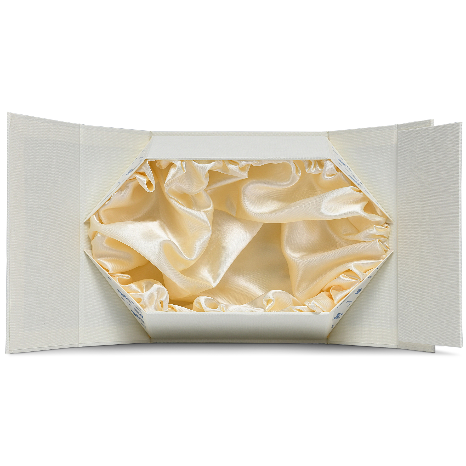 Elegant Beige Embossed Gold Foil Foldable Book-Shaped Luxury Gift Box with Textured Linen Pattern, Satin Lining, and 3M Adhesive System