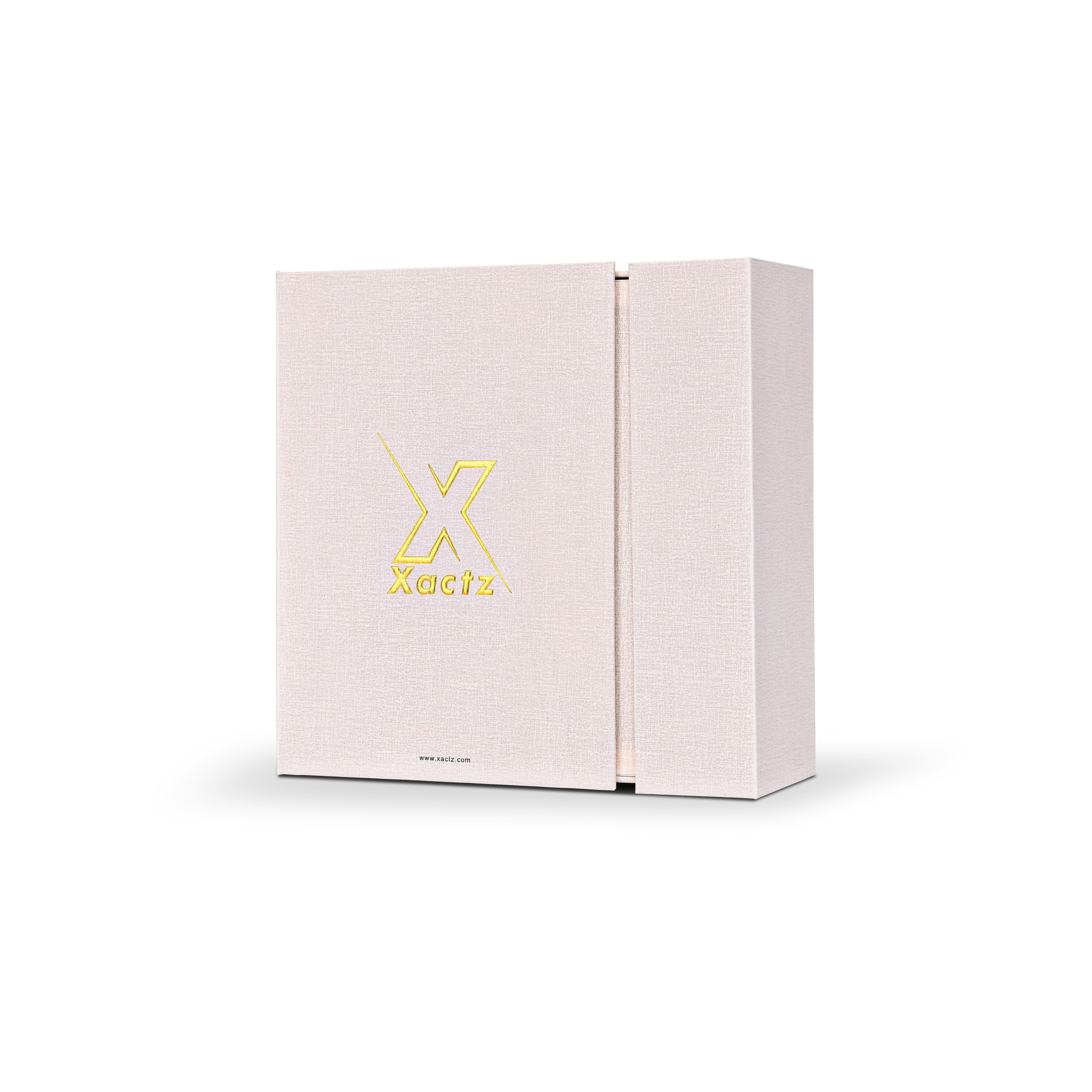 Elegant Light Pink Embossed Gold Foil Foldable Book-Shaped Luxury Gift Box with Canvas Texture, Dual-Layer Construction, and Satin Lining