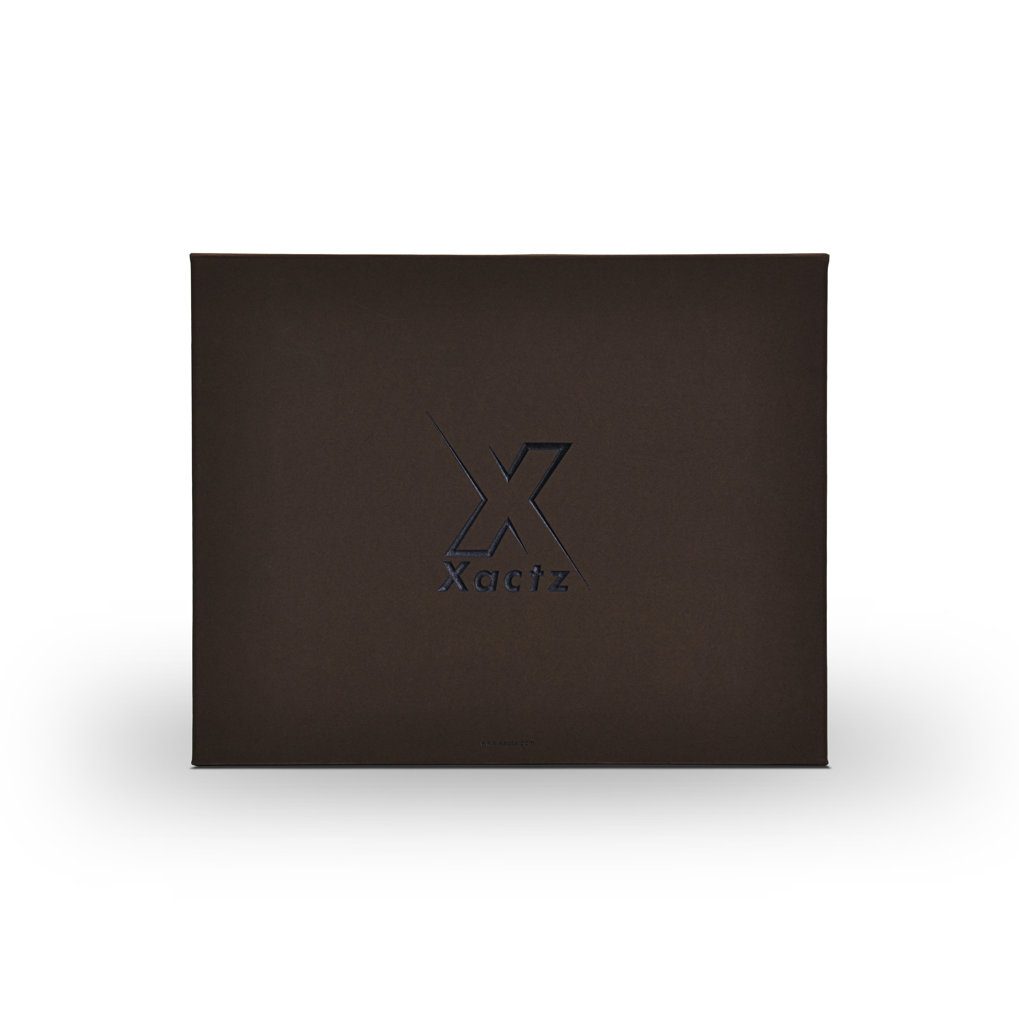 Premium deep coffee brown magnetic gift box front view with tonal blind embossed Xactz logo on deep coffee brown specialty paper