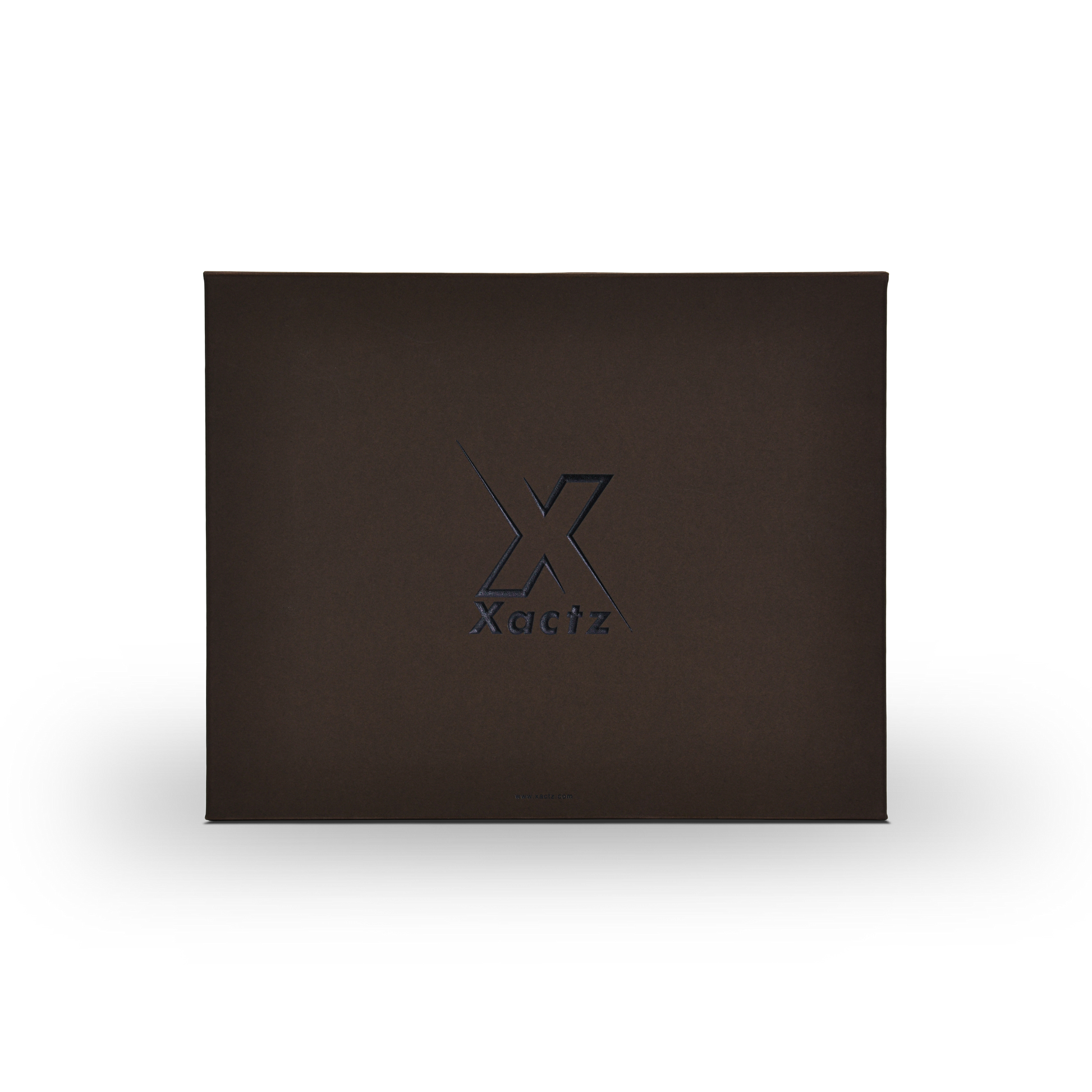 Premium deep coffee brown magnetic gift box front view with tonal blind embossed Xactz logo on deep coffee brown specialty paper