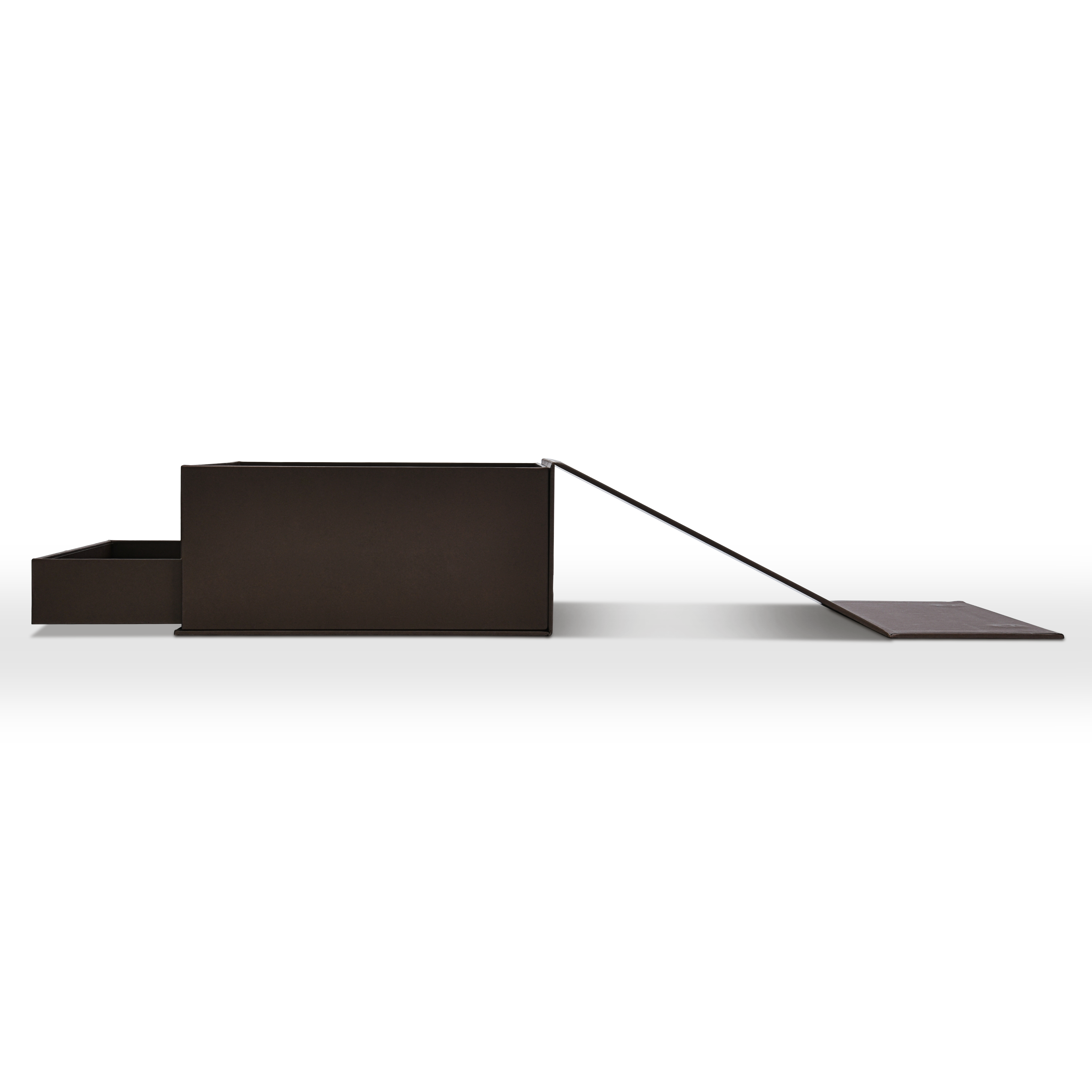 Luxury deep coffee brown double layer magnetic gift box exploded flat lay showing lid fully open on hinge, main compartment base and lower pull ribbon drawer separated