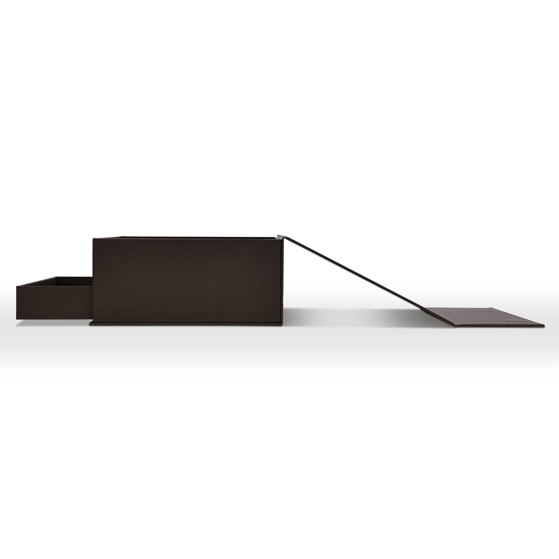 Luxury deep coffee brown double layer magnetic gift box exploded flat lay showing lid fully open on hinge, main compartment base and lower pull ribbon drawer separated