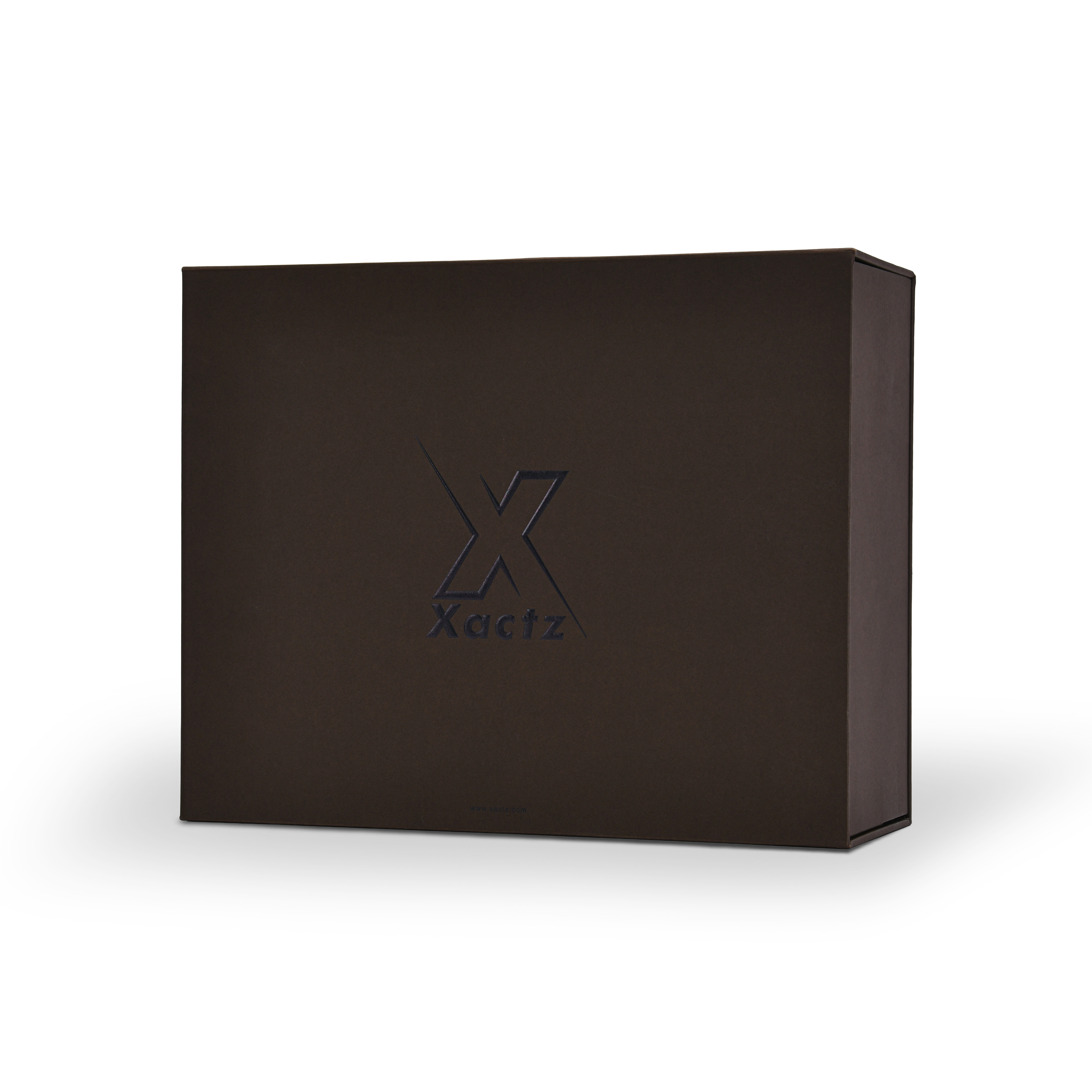 Luxury deep coffee brown rigid magnetic gift box three quarter angle view showing blind embossed logo and clean matte specialty paper construction