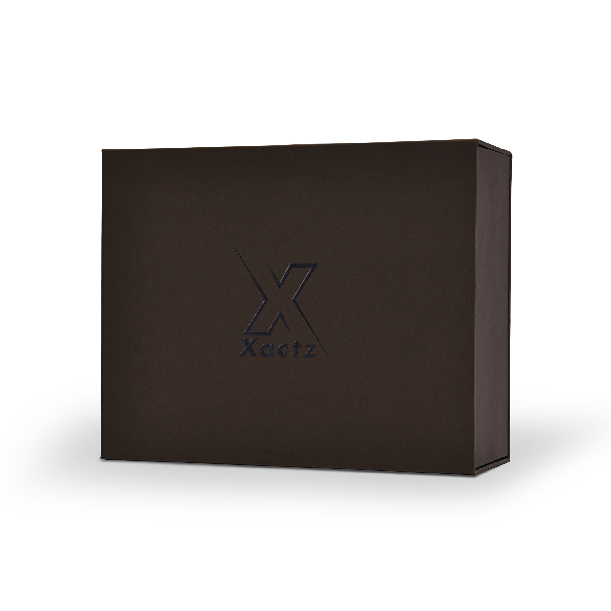 Luxury deep coffee brown rigid magnetic gift box three quarter angle view showing blind embossed logo and clean matte specialty paper construction